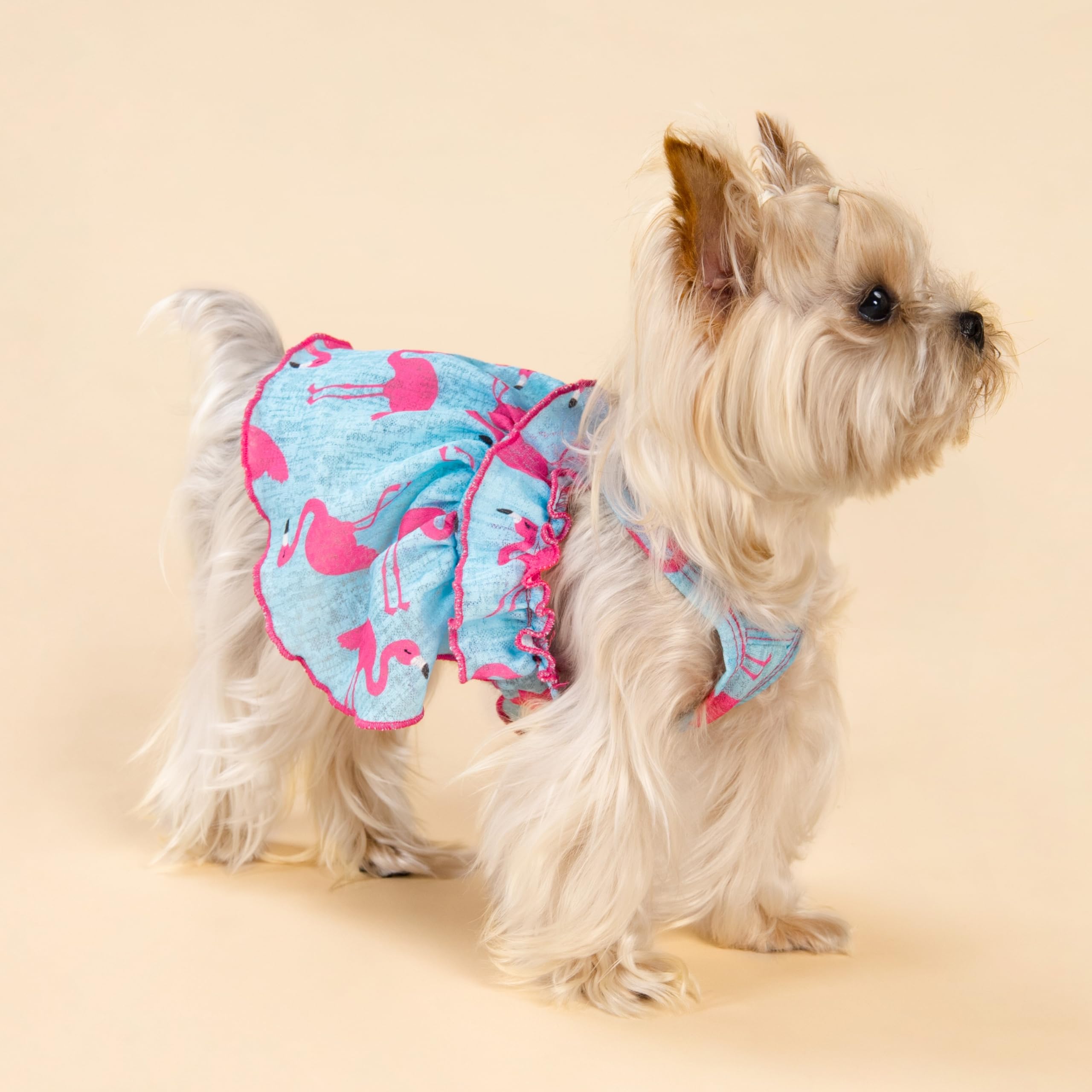 Fitwarm Flamingo Dog Dress - Summer Ruffled Sundress, Small, Polyester/Spandex, Blue/Pink