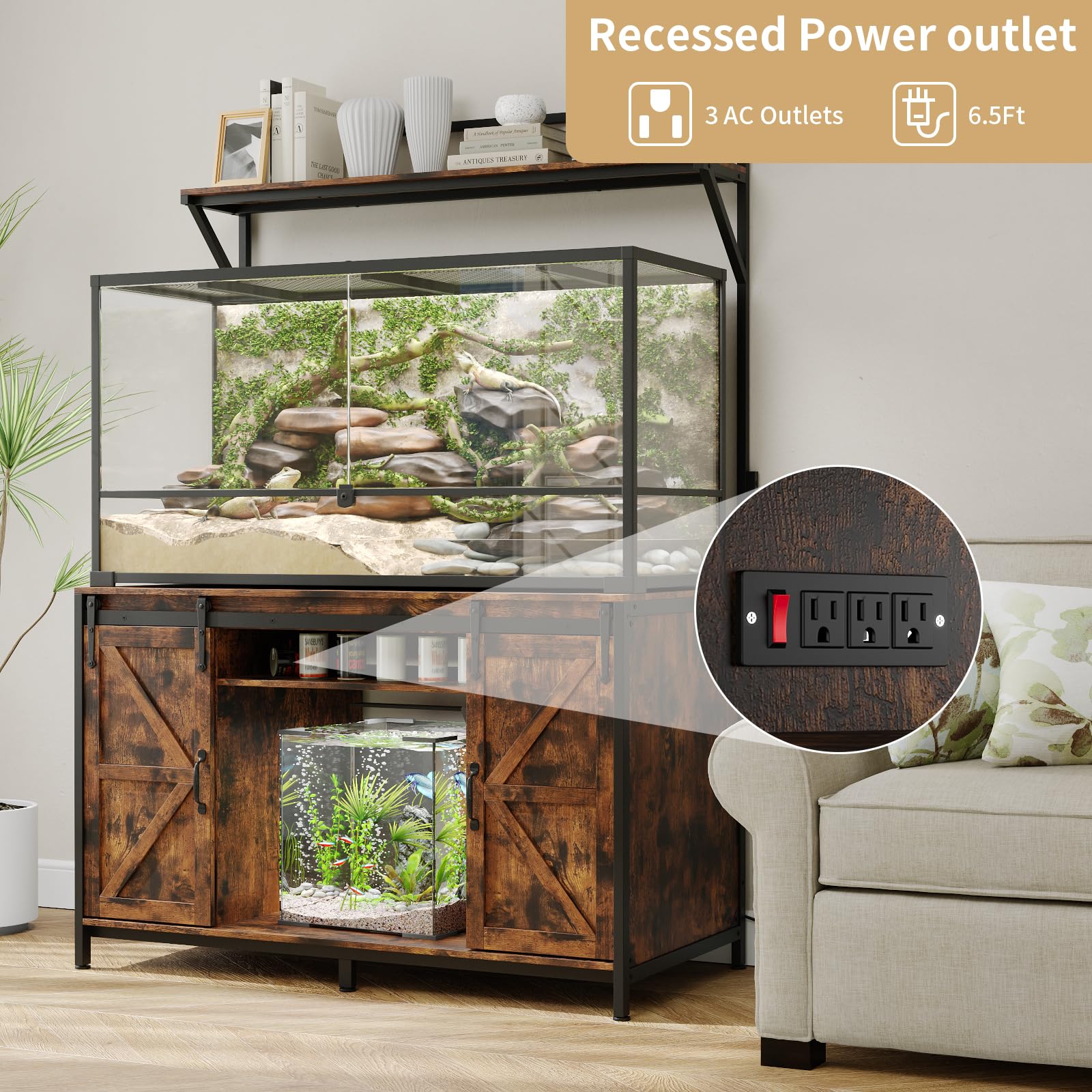 VOWNER Farmhouse Reptile Tank Stand with Power Outlet, 48  X 24  Tabletop Fits up 120 Gallon Bearded Dragon Tank, Heavy Duty Aqu