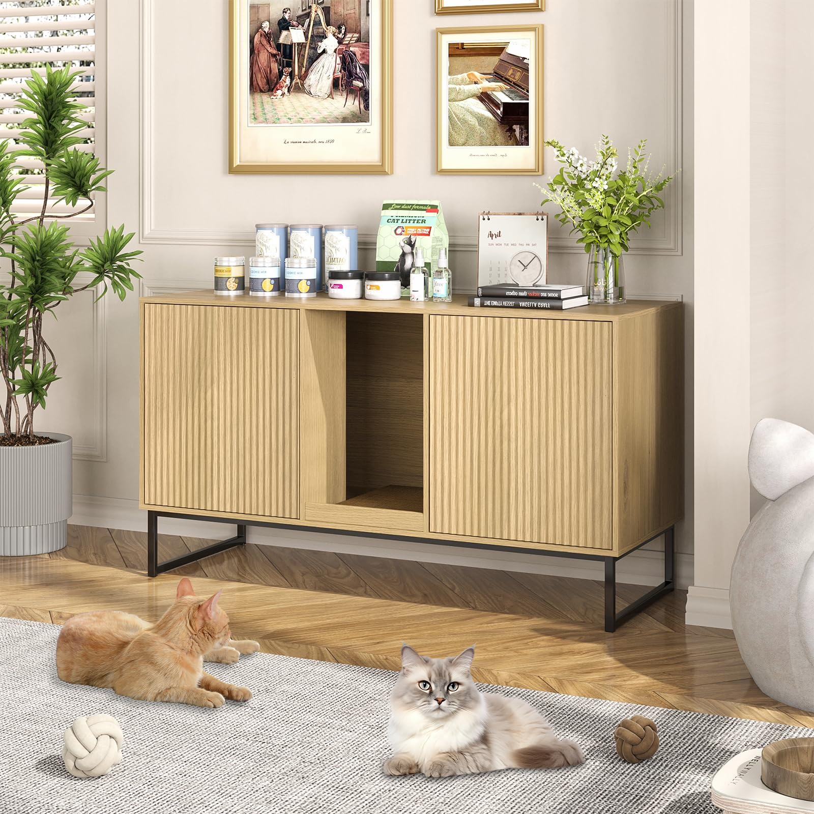 Vabches Litter Box Enclosure For 2 Cats, Hidden Litter Box Furniture With Double Room, Modern Cat House With Scratch Pad For Liv