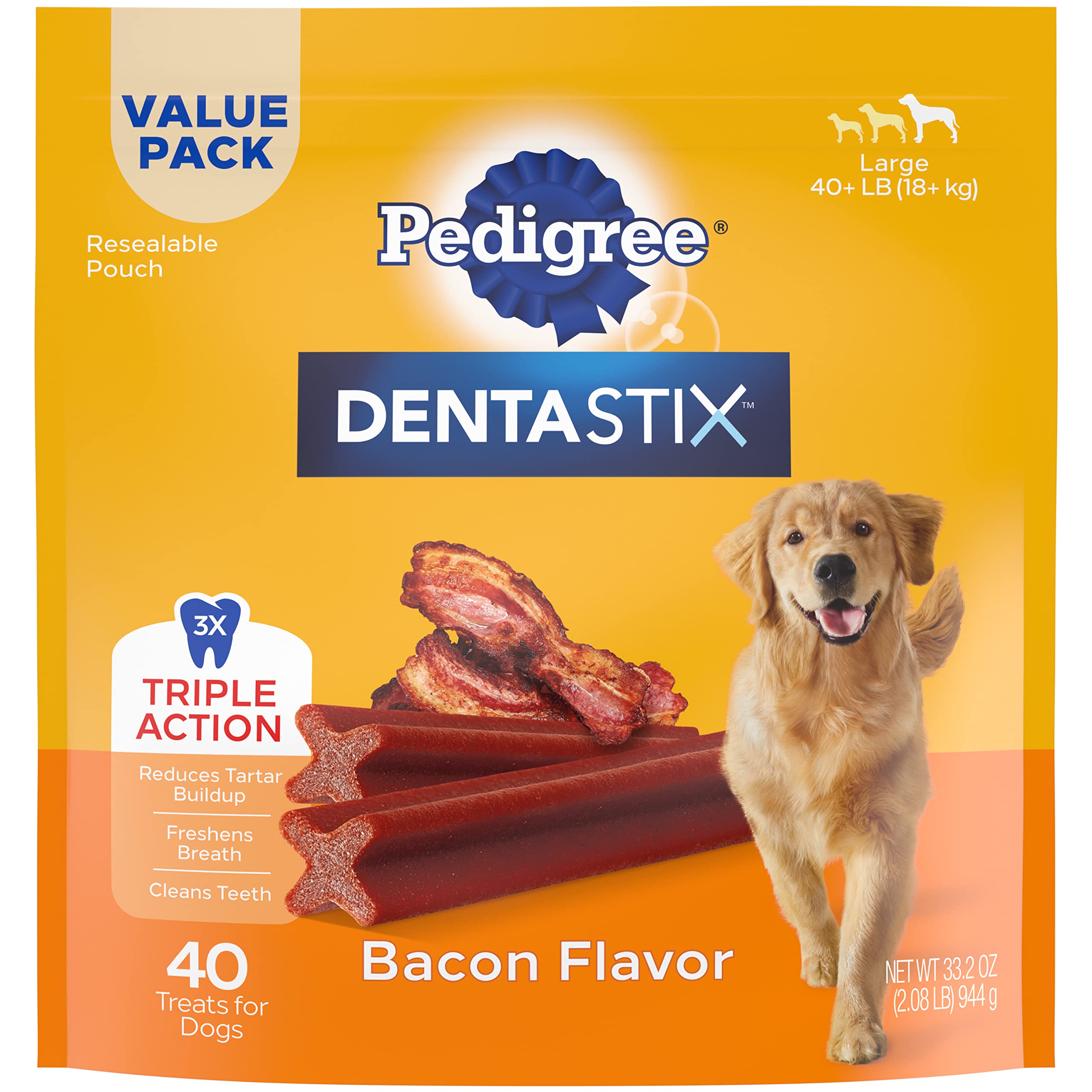 Pedigree DENTASTIX Adult Large Dog Dental Care Treats, Bacon Flavor, 2.08 lb. Pack (40 Treats)