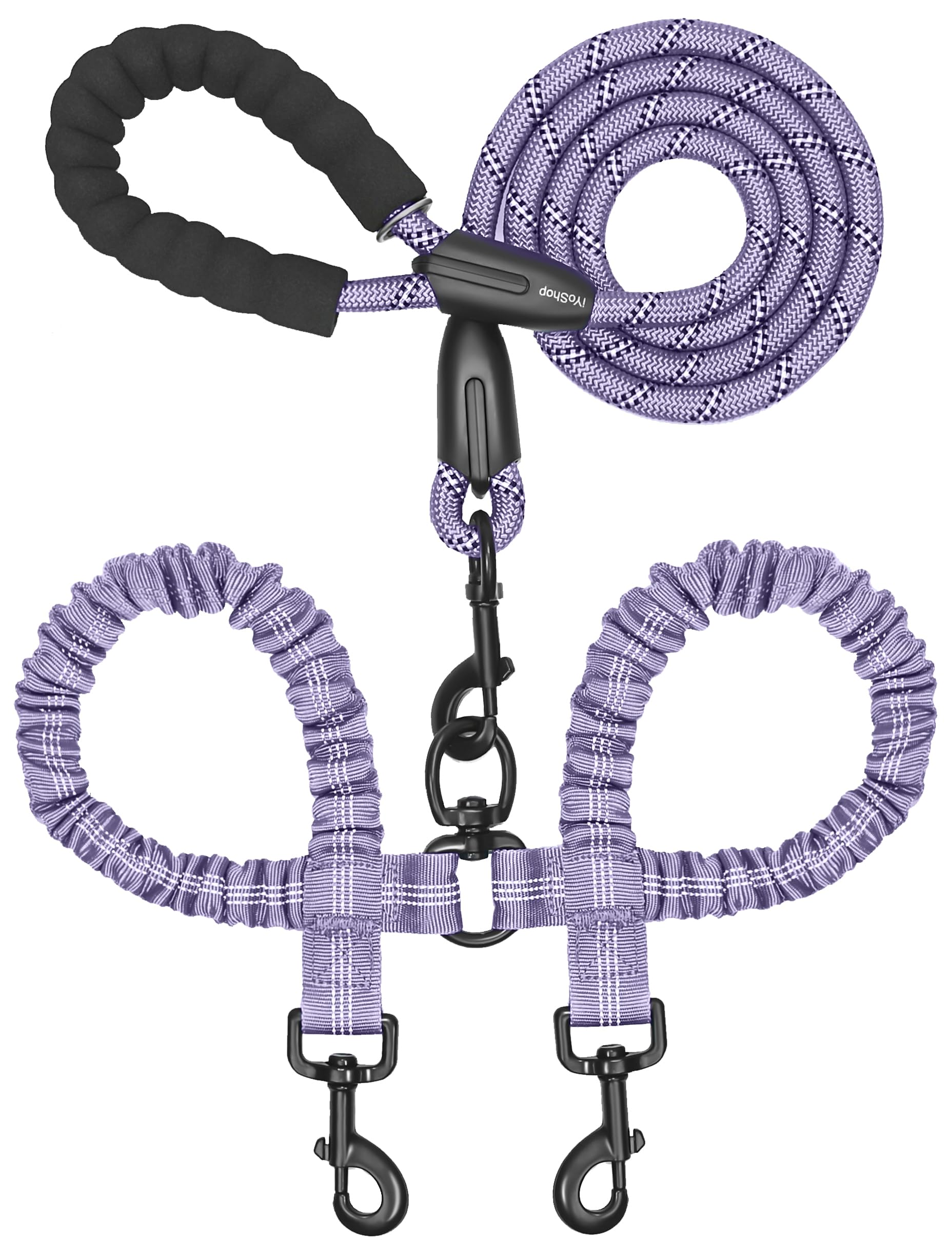 Iyoshop Dual Dog Leash, Double Dog Leash, 360 Swivel No Tangle Walking Leash, Shock Absorbing Bungee For Two Dogs, Large (25-150 Lbs), Lavender