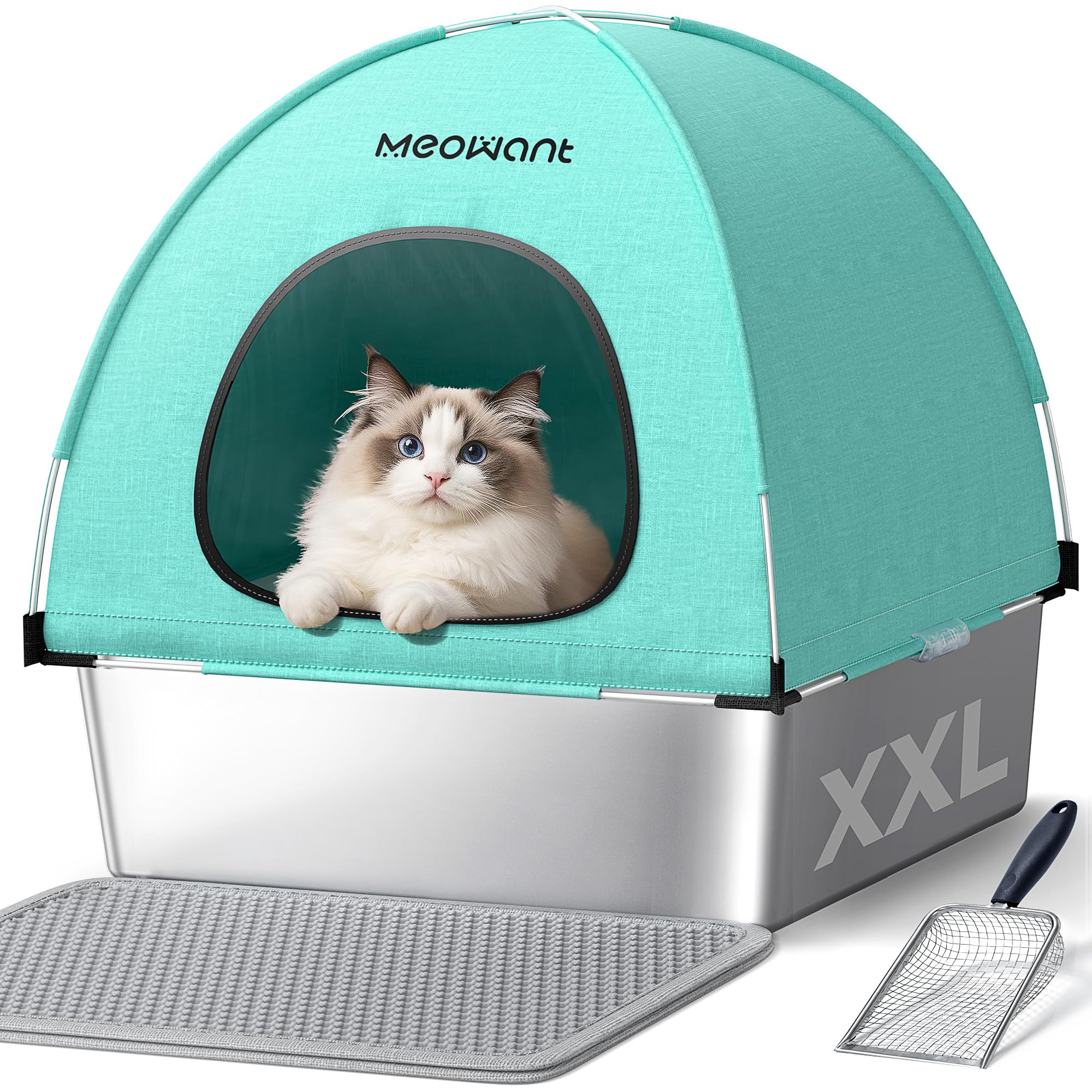 Meowant Stainless Steel Cat Litter Box with Lid, Extra Large Square 3-in-1 Enclosed Metal Litter Box with High-Sided Oxford Fabr