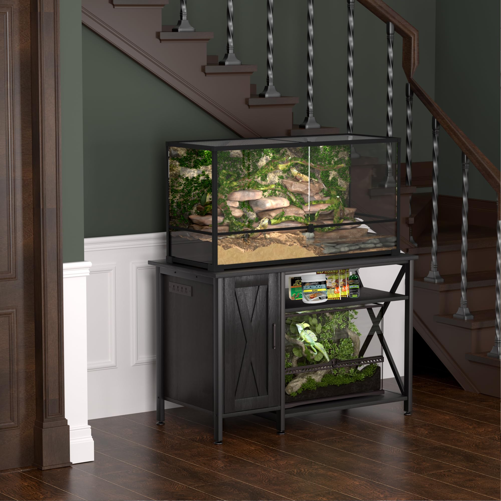 Herture Reptile Tank Stand with Power Outlet, 48"x24", 40-120 Gallon, Black, Model PG08XYB, Wood Terrarium Storage Cabinet