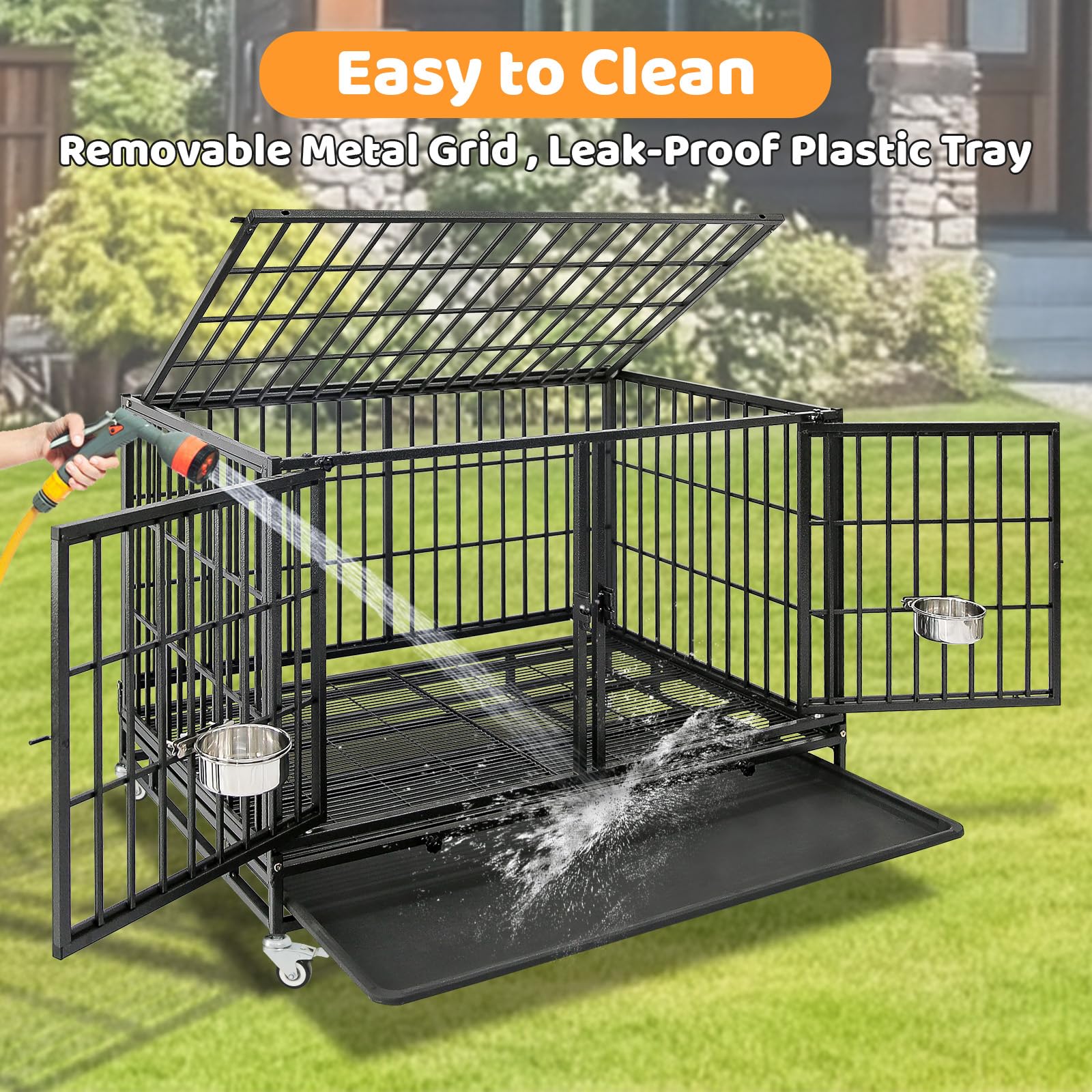 Homey Pet 2 Pack Three Tiers 43 inch Stackable Heavy Duty Dog Crate with Wheels, Indestructible Steel Dog Cage Kennel Indoor wit