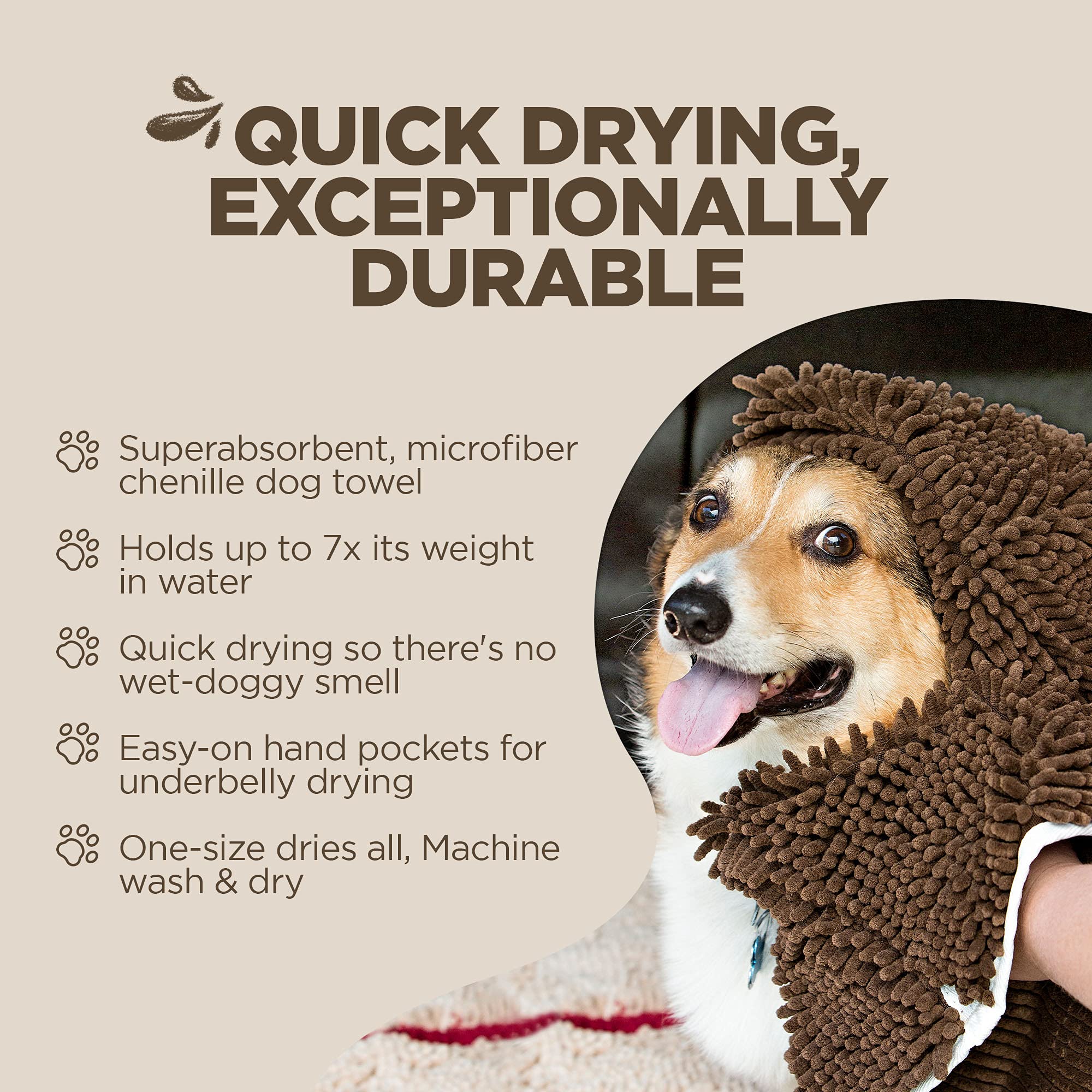 Soggy Doggy Super Shammy Dog Towel, Washable Microfiber Dog Towels For Drying Dogs And Cleaning Paws, Fast-Drying Dog Bath Towel With Hand Pockets, Dark Chocolate/Oatmeal Trim, 31 X 14 Inches