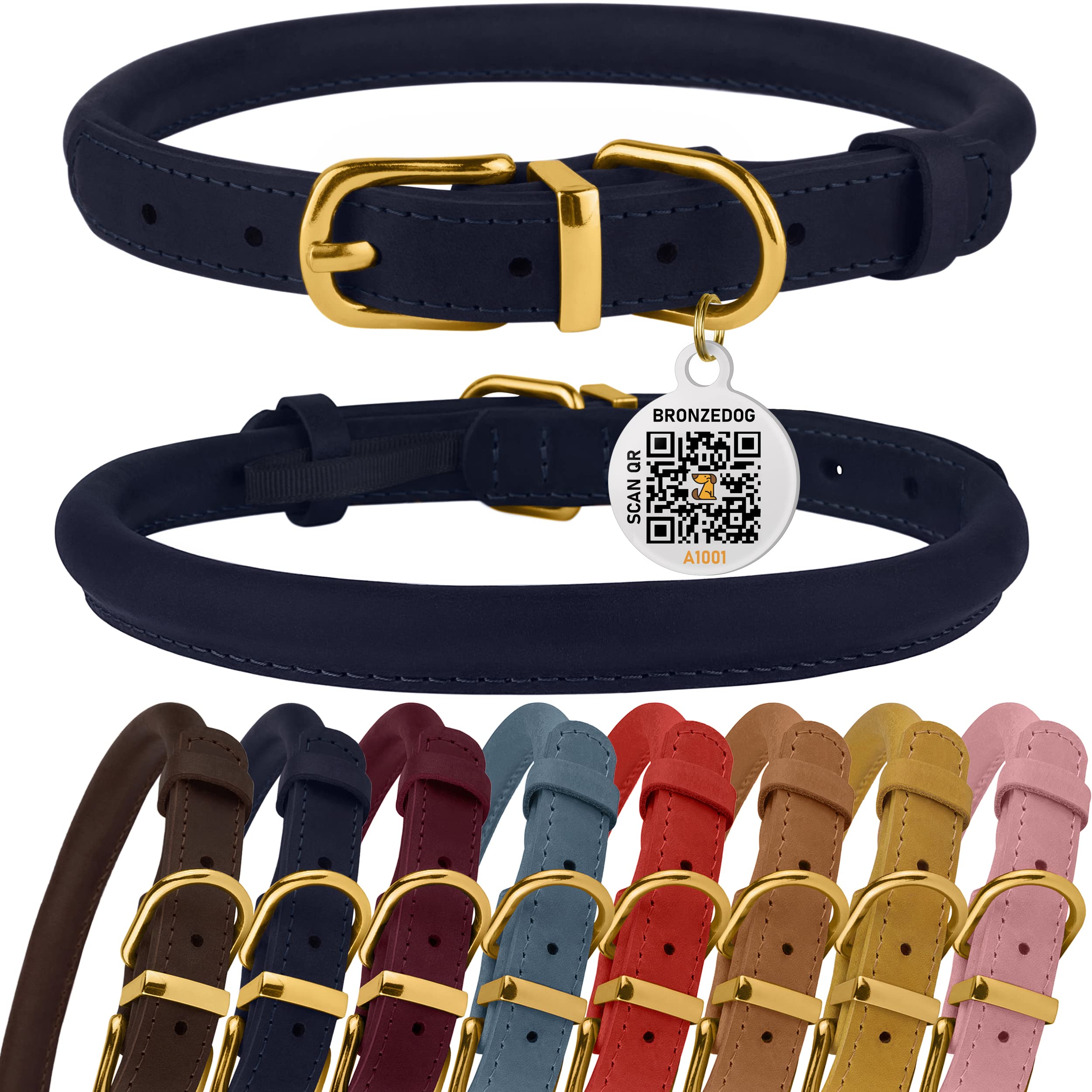 BRONZEDOG Rolled Leather Dog Collar with QR ID Tag Adjustable Soft Round Collars for Small Medium Large Dogs Puppy Cat (12 - 14