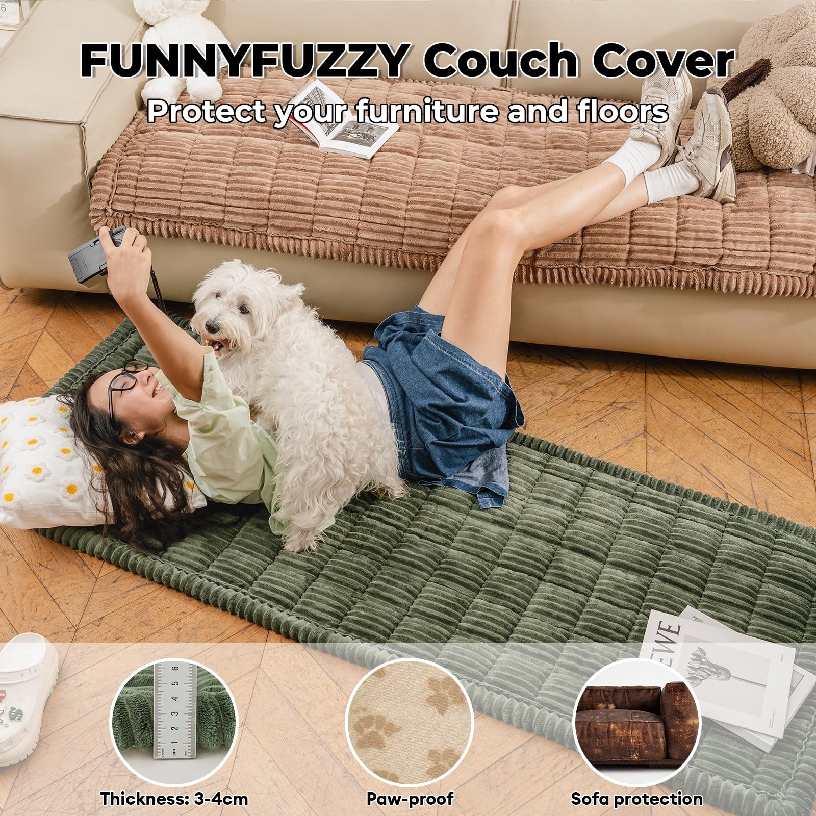 Funny Fuzzy Pet Mat Bed Sofa Cover, Washable Dog Couch Cover Protector, Flannel Couch Covers For Dogs, Dark Green, 27.6''82.7''