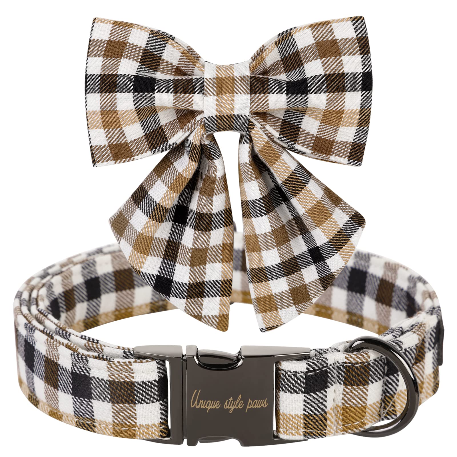 Unique Style Paws Christmas Dog Collar With Bow Tie Brown Plaid Puppy Collar For Small Medium Large Dogs As Autumn Winter Pet Gifts-Xl