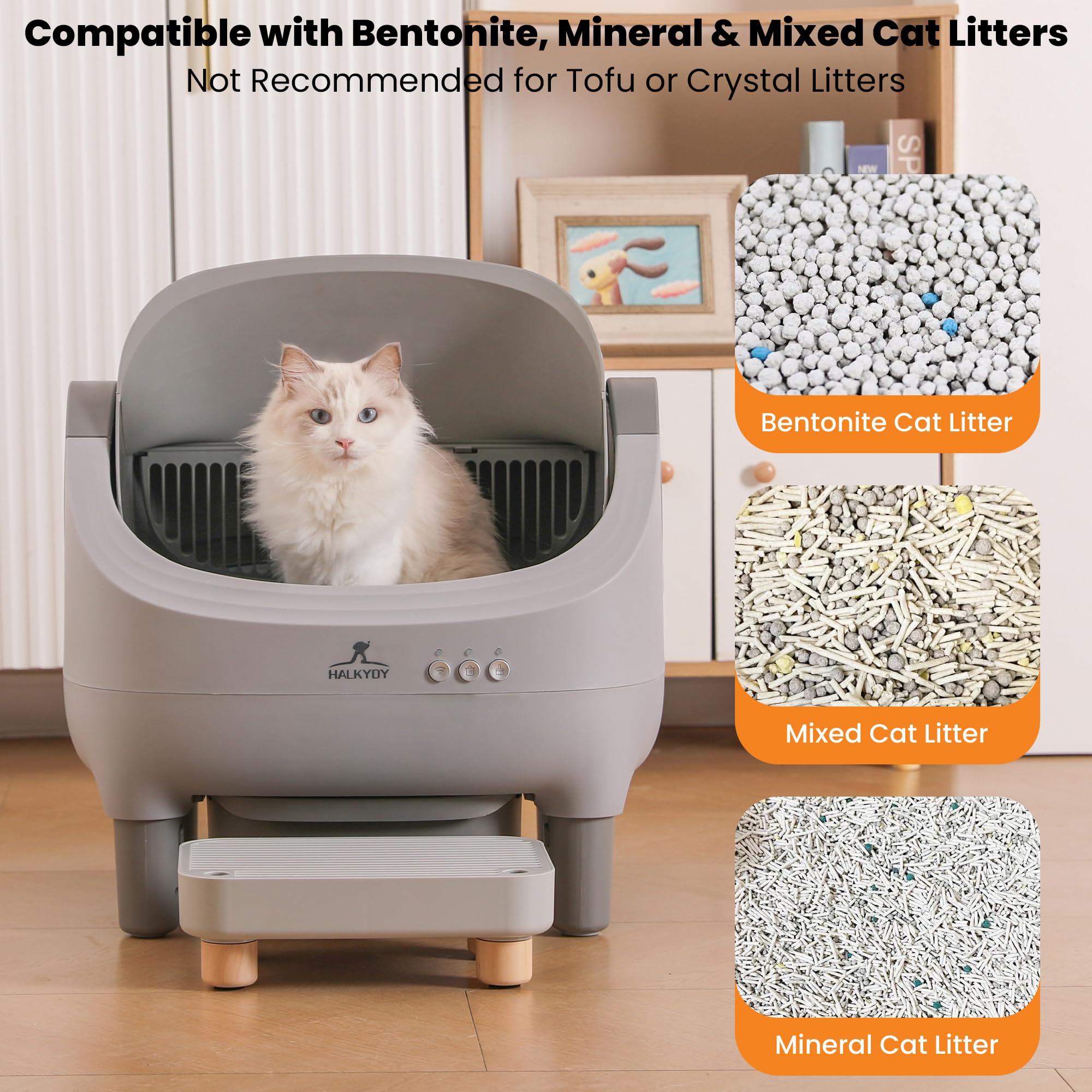 HALKYDY Automatic Litter Box - Self-Cleaning, Large Capacity, White, CATBOX-Mini-F, Odor Control & Smart App Monitoring
