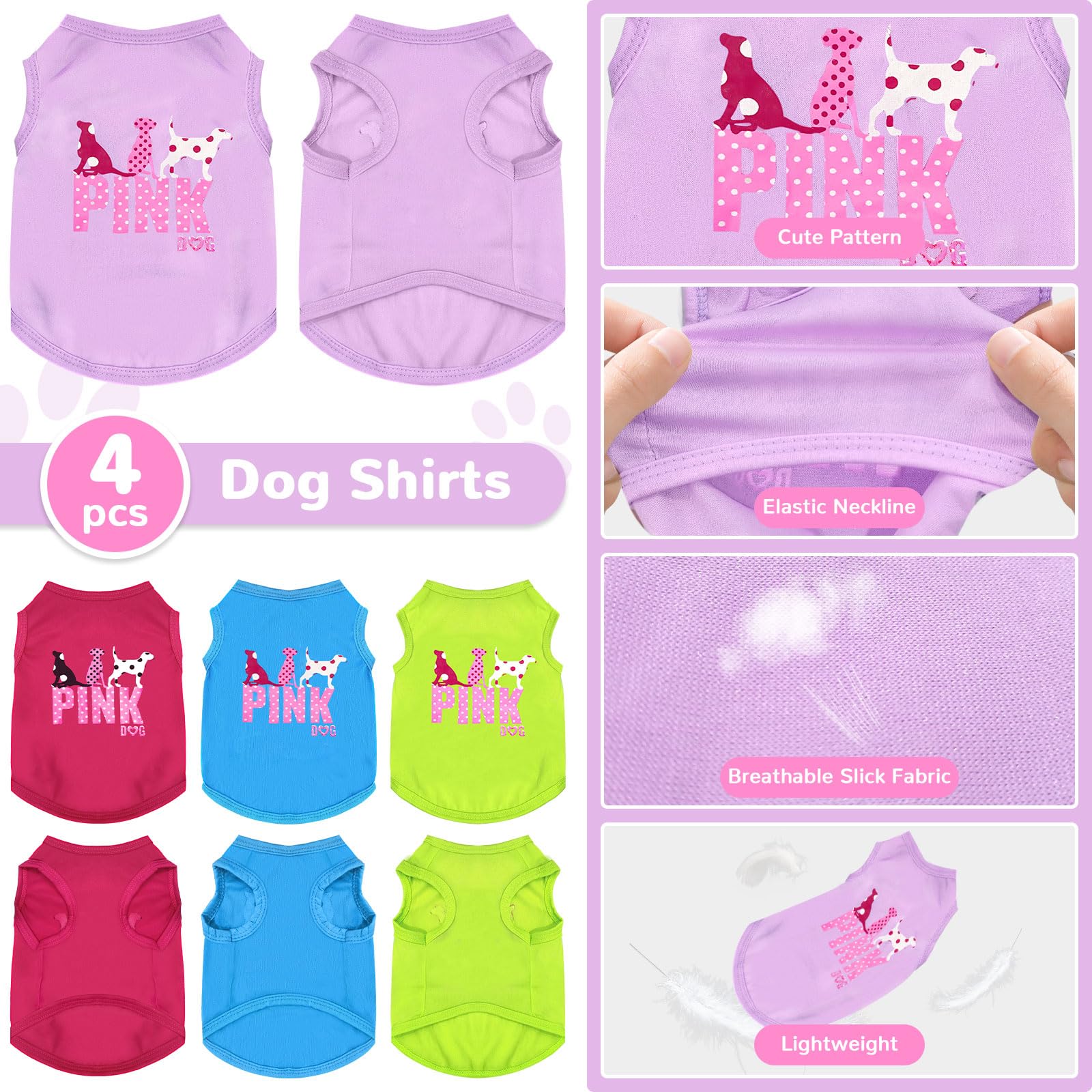 Tengzhi 4 Pack Dog Shirt Vest Soft Lightweight Puppy Tshirt Cute Pink Dog Printed Small Dog Clothes Summer Sleeveless Yorkie Chi