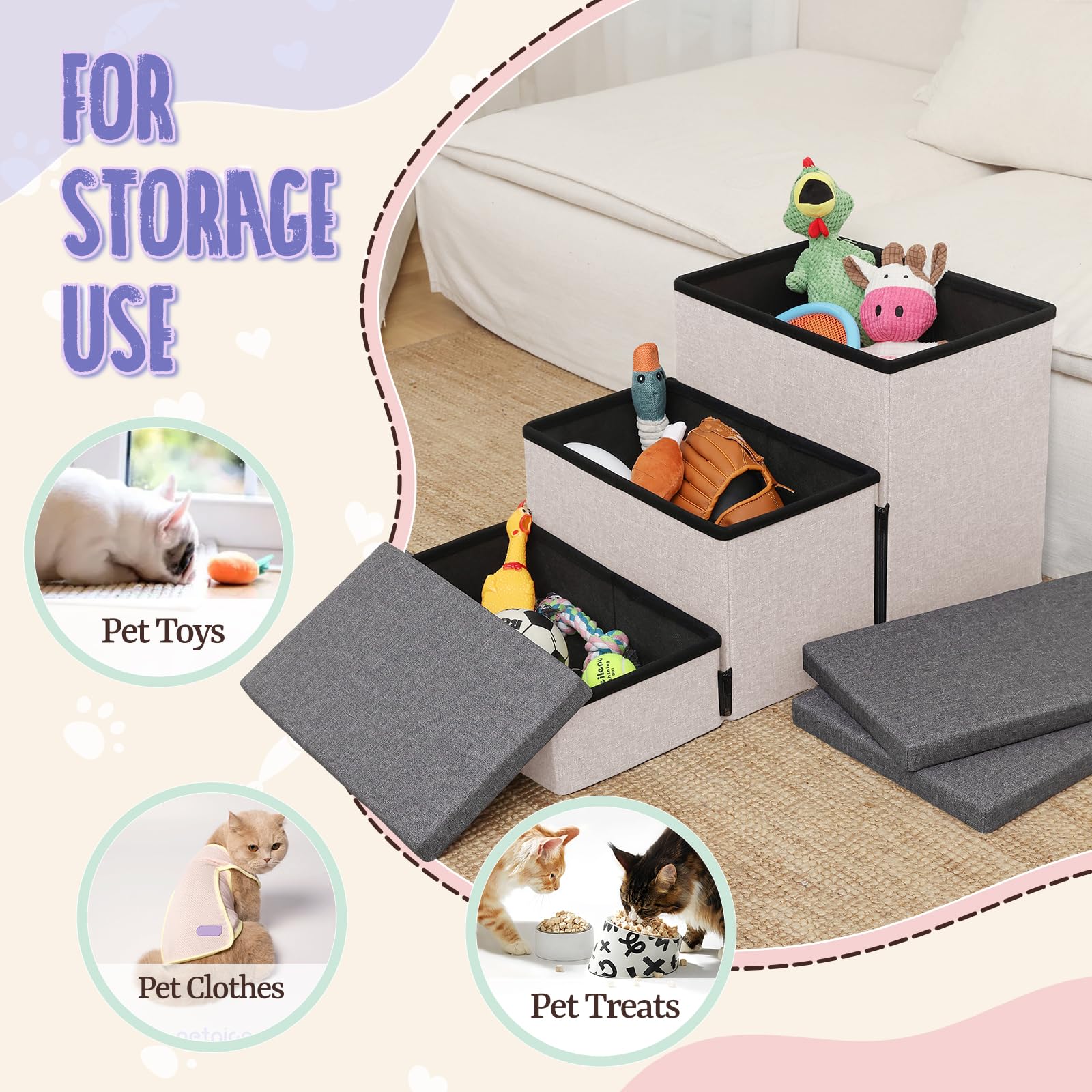 Downluxe Dog Stairs For Small Dogs, Foldable Dog Steps For Bed, Sofa And Chair, Non-Slip Pet Steps With Cat Scratcher And Condo