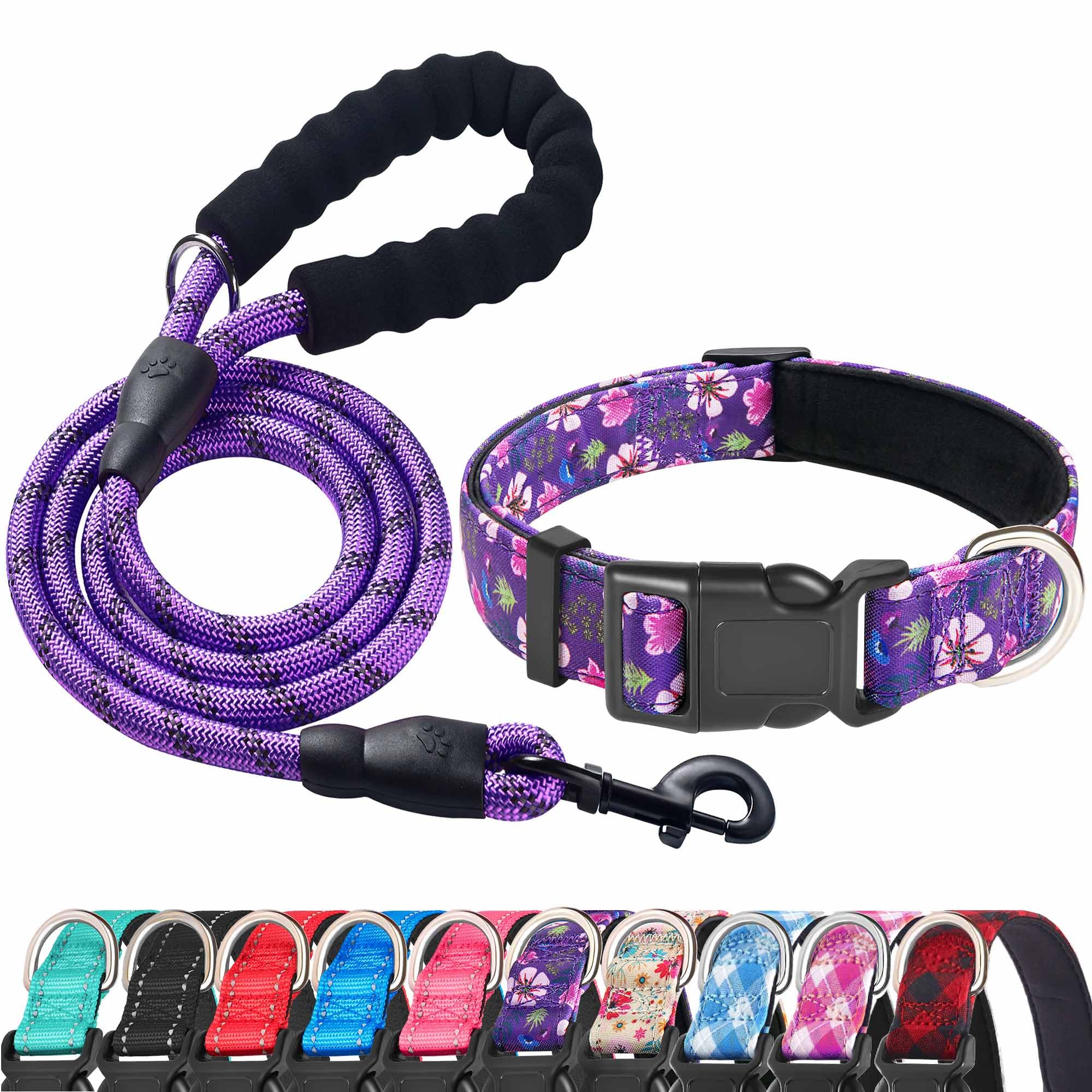 Ladoogo Reflective Dog Collar Padded With Soft Neoprene Breathable Adjustable Nylon Dog Collars For Small Medium Large Dogs (X-Small (Pack Of 1), Purple/Pink Floral Collar+Leash)