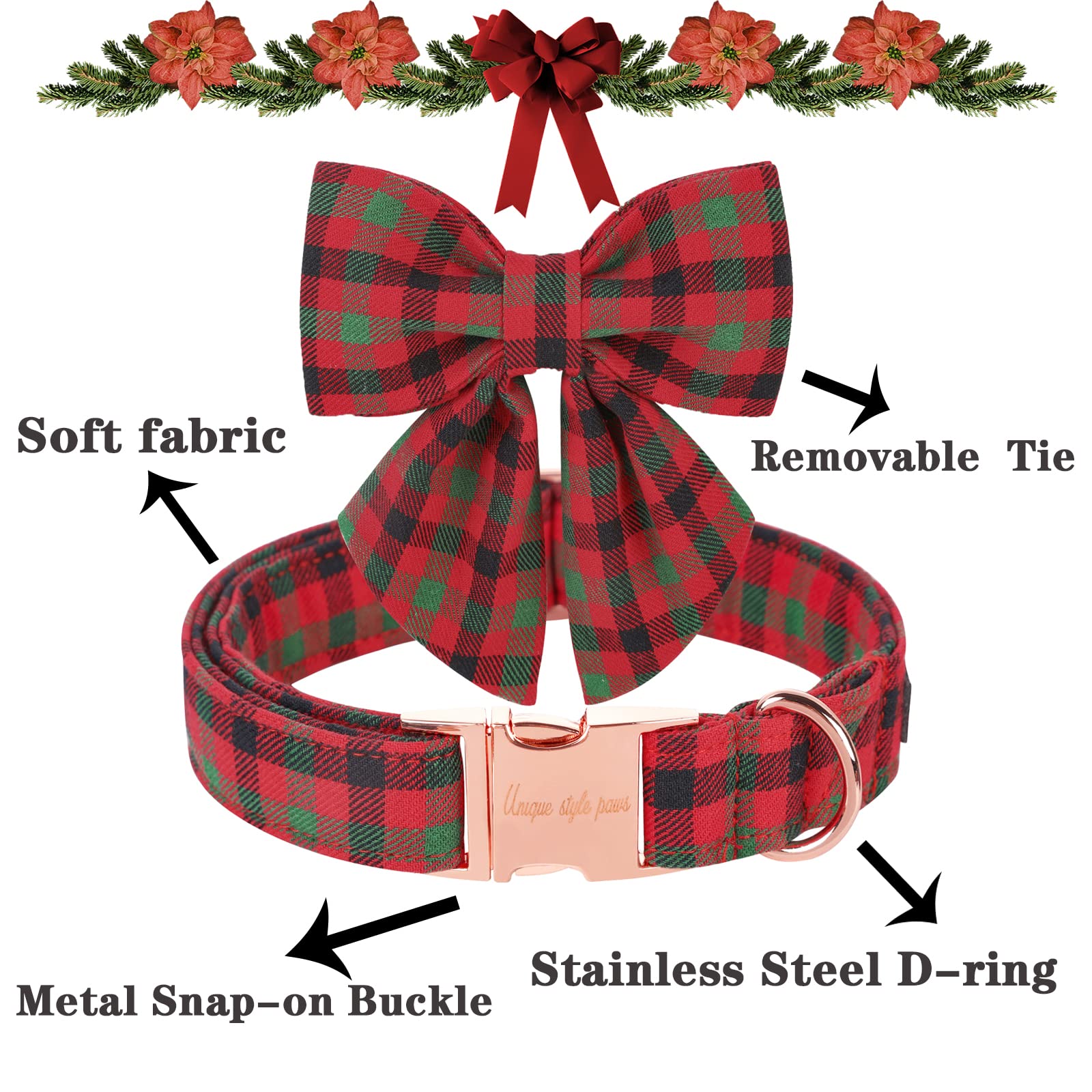 Unique Style Paws Christmas Dog Collar With Bow Tie Black Red Green Plaid Puppy Collar For Small Medium Large Dogs As Autumn Winter Pet Gifts-Xs