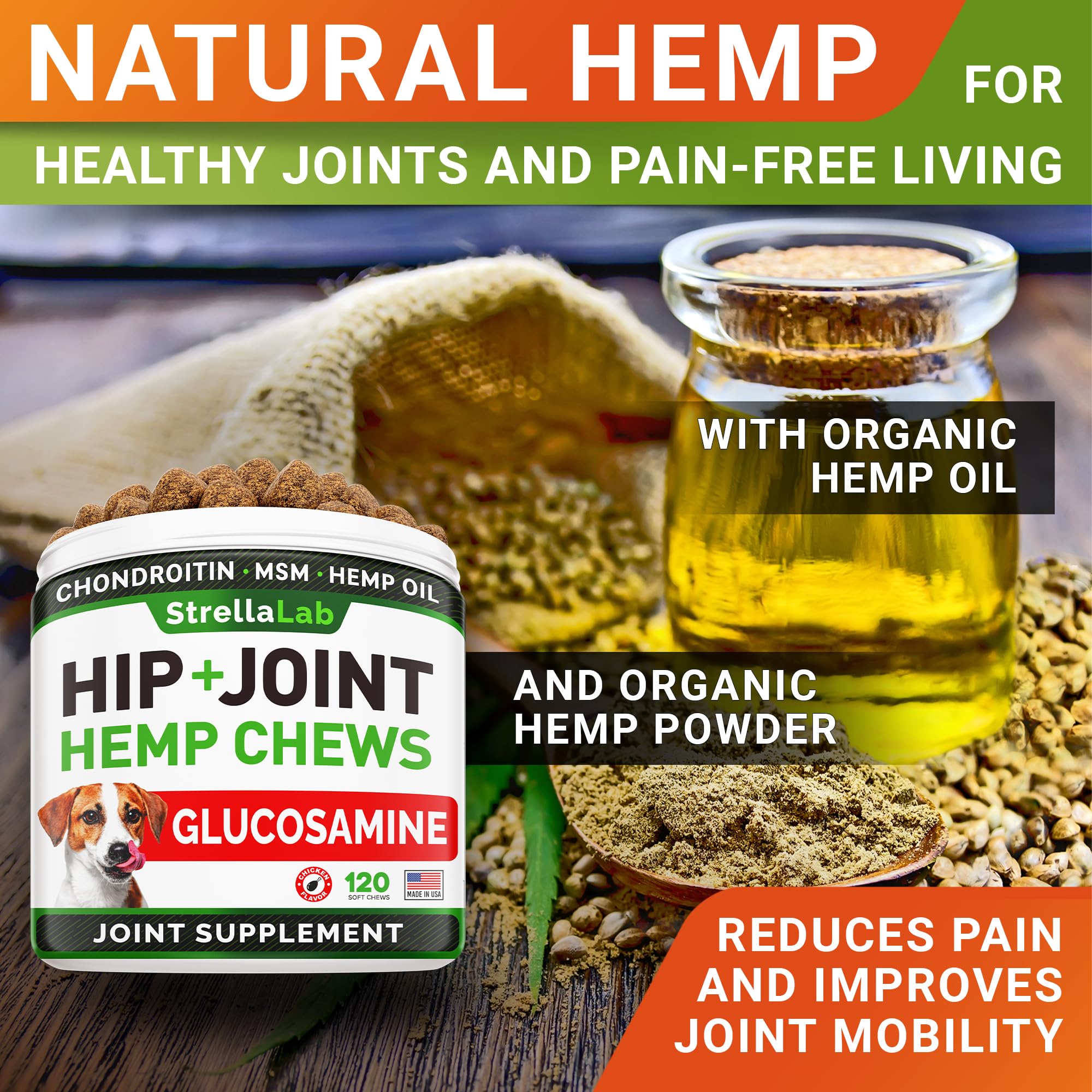 STRELLALAB Hemp Treats - Glucosamine & Omega 3 Dog Joint Supplement - 120 Ct - Chicken Flavor - Advanced Mobility Chews - Made in USA