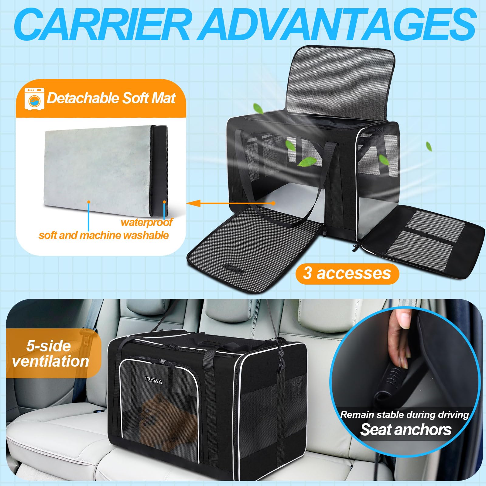 Petskd Extra Large Pet Carrier 24 x17 x17  for Large Cat or Medium Dog, Collapsible Soft Sided Dog cat Carrier for Long Trips wi