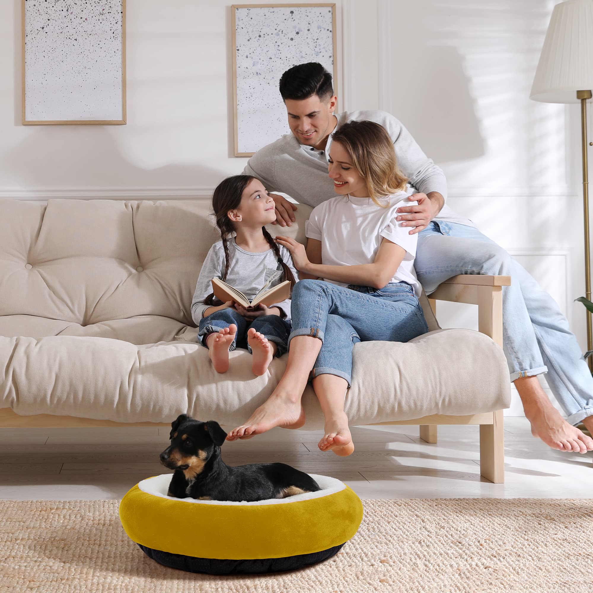 Love'S Cabin Round Donut Cat And Dog Cushion Bed, 20In Pet Bed For Cats Or Small Dogs, Anti-Slip & Water-Resistant Bottom, Super Soft Durable Fabric Pet Beds, Washable Luxury Cat & Dog Bed Yellow