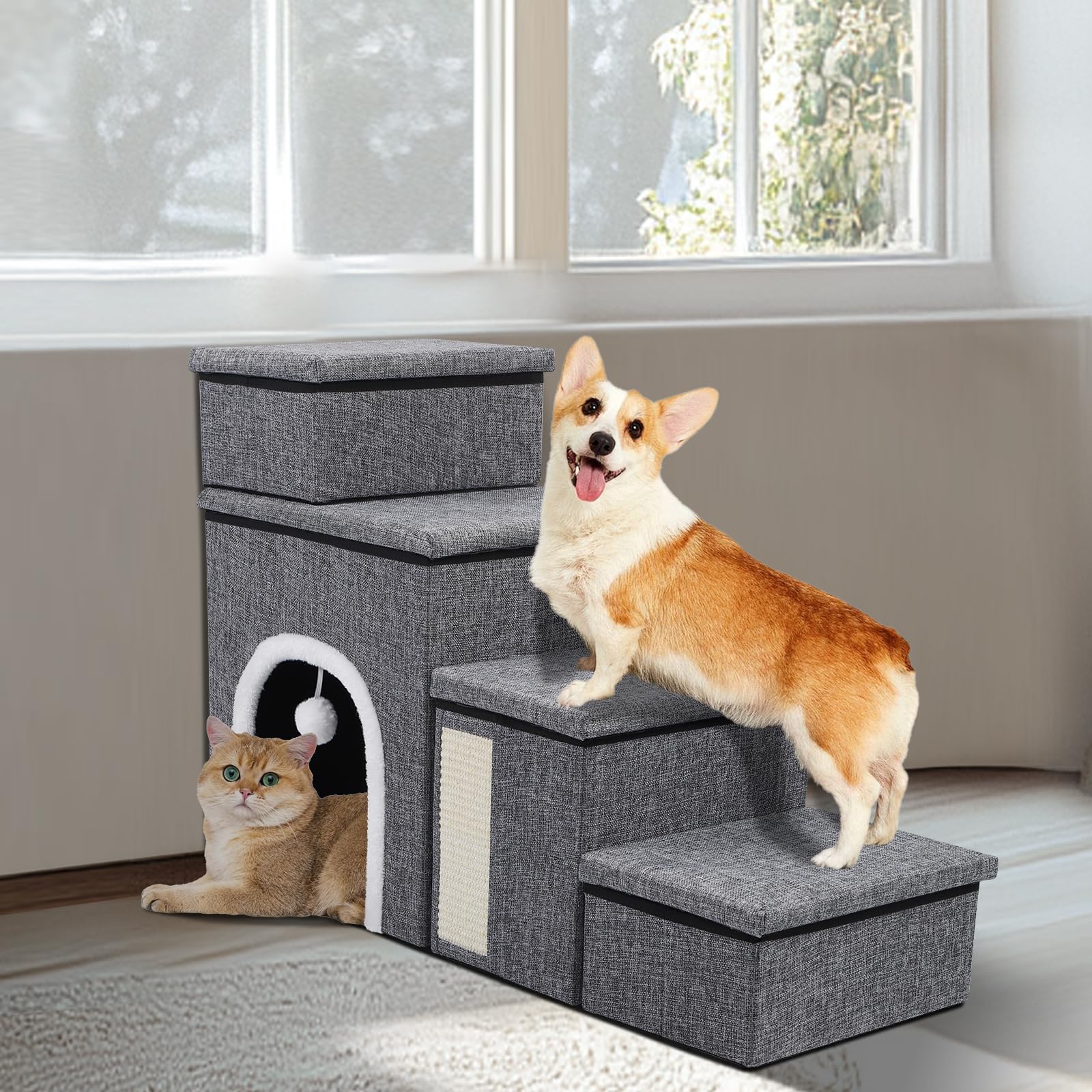 Dog Stairs For Bed And Couch 23H, Foldable Dog Stairs For Small Older Dogs, 4 In 1 Adjustable Pet Cat Steps Ramps With Storage, 