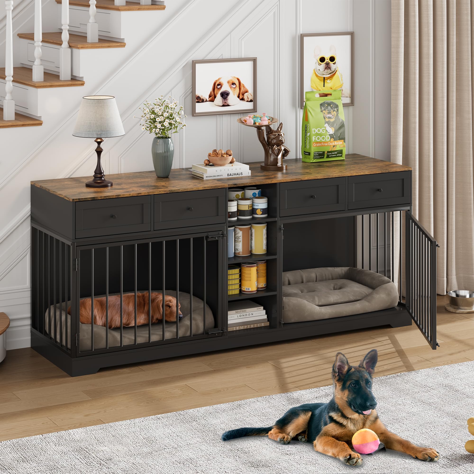 GarveeLife Double Dog Crate Furniture with Storage - 82in Large Indoor Kennel with 4 Drawers & 4 Shelves, Pet Crate TV Stand for