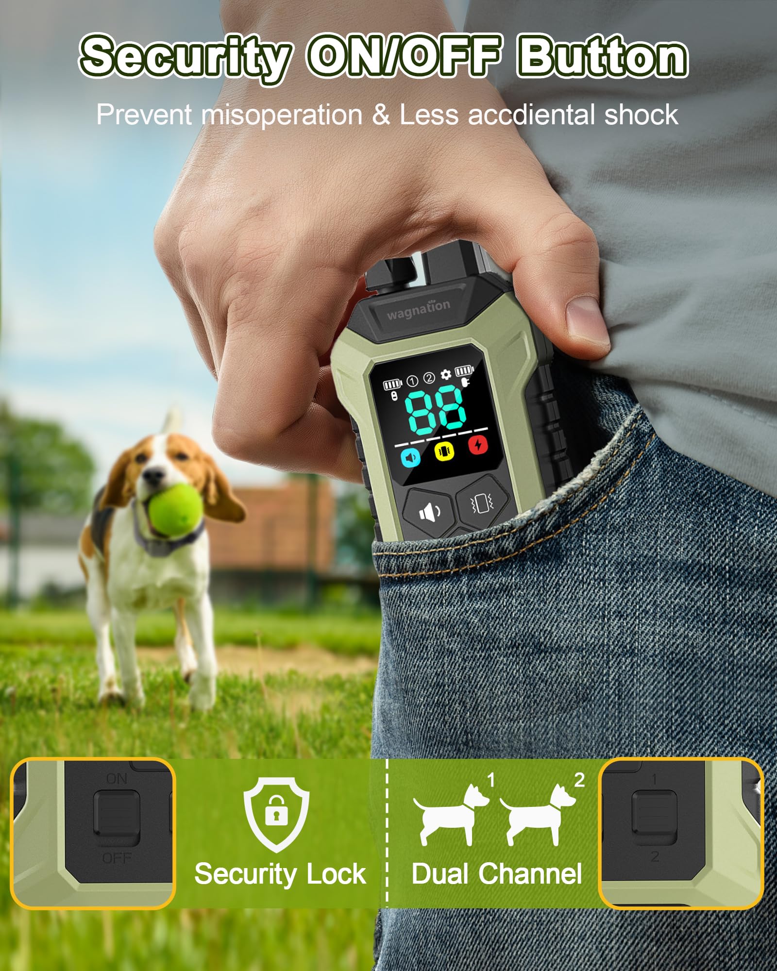 wagnation Dog Shock Collar, Remote Control, 4000FT Range, Beep & Vibration, IPX7 Waterproof, Rechargeable, Green, Model PC30