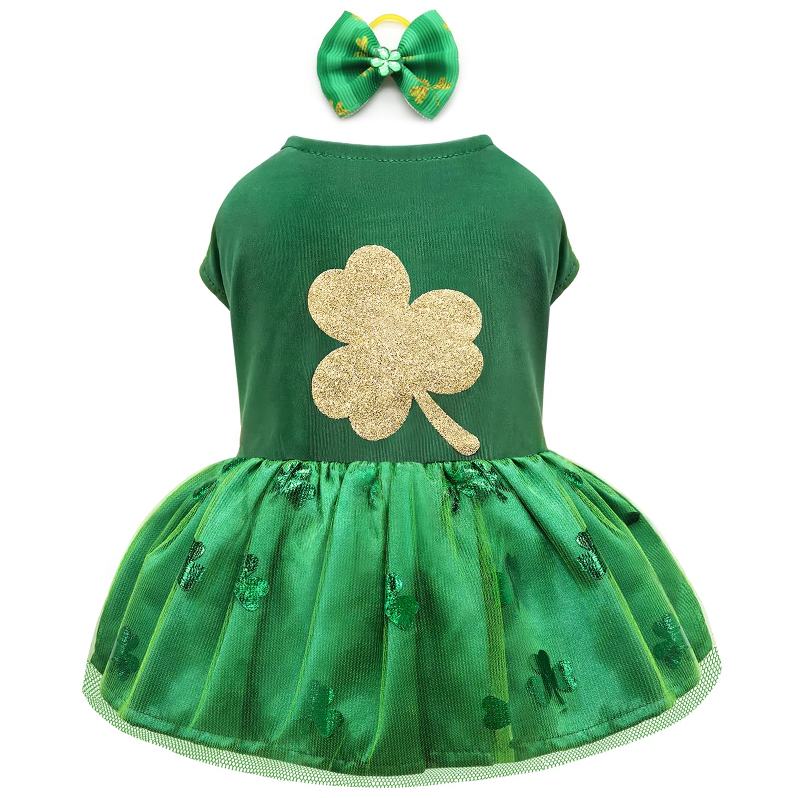 Idepet St. Patrick'S Day Dog Dress With Bow Dog Tulle Skirt For Small Dog Girls Green Puppy Dress Cat Apparel Pet Holiday Outfit