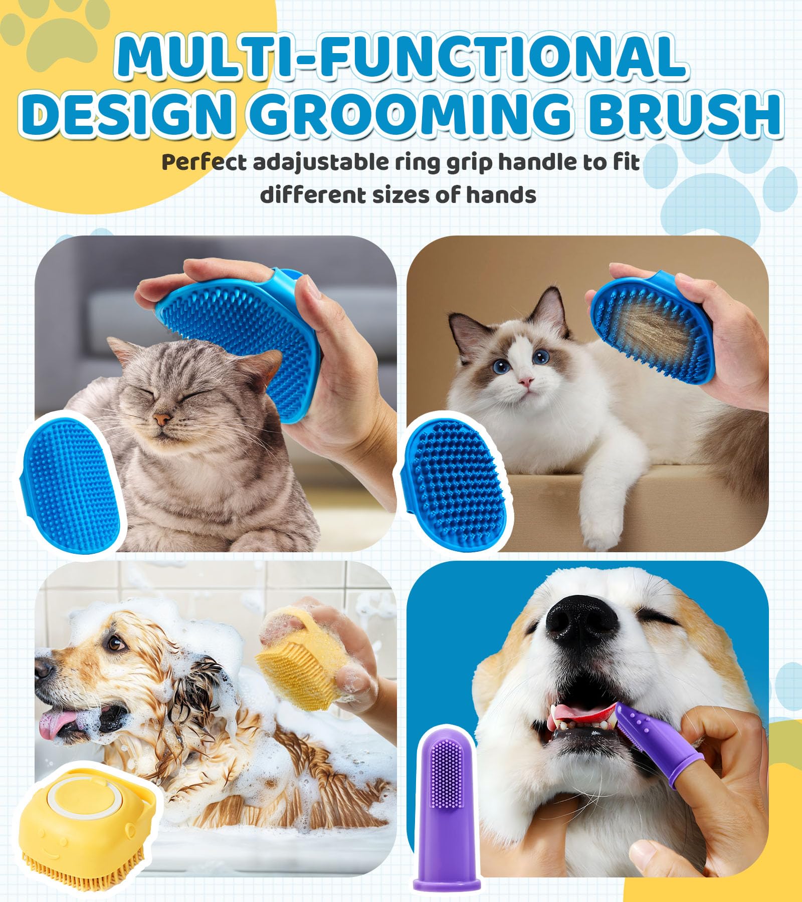 Robatun 4Pcs Dog Bath Brush Pet Shampoo Brush With Adjustable Ring Handle Soft Massage Dispenser Panda Shape Brush For Short Lon
