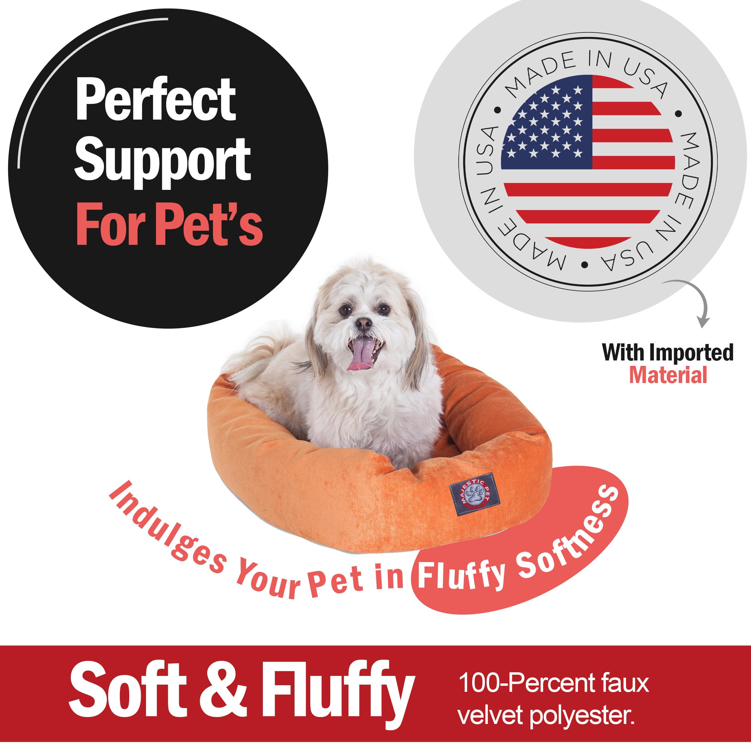Majestic Pet 24 Inch Micro Velvet Calming Dog Bed Washable – Cozy Soft Round Dog Bed With Spine For Head Support - Fluffy Donut Dog Bed 24X19X7 (Inch) – Round Pet Bed Small – Orange