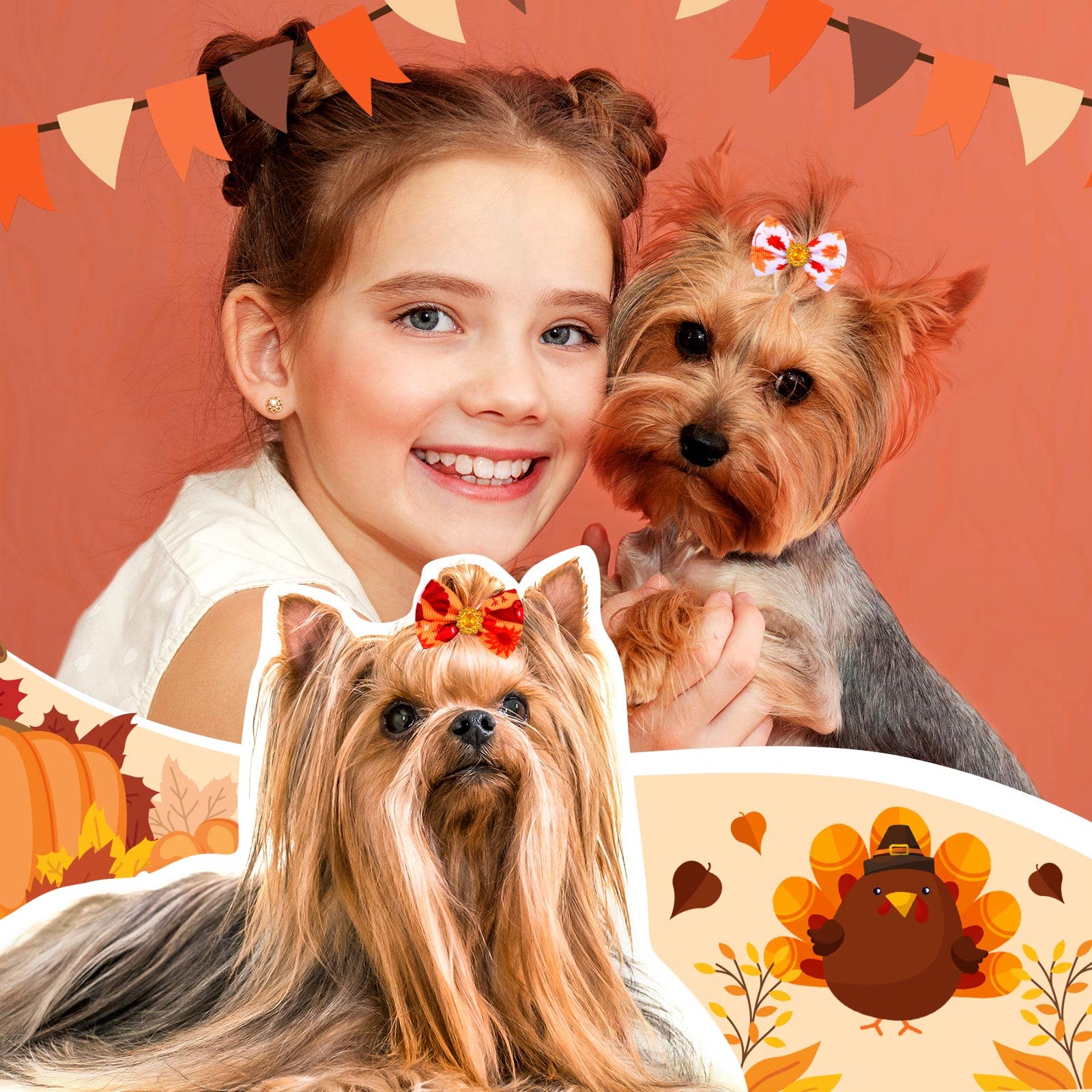 Tondiamo 100 Pack Fall Dog Hair Bows For Thanksgiving Day Dog Hair Bows With Rubber Bands Puppy Rhinestone Grooming Pumpkin Turk