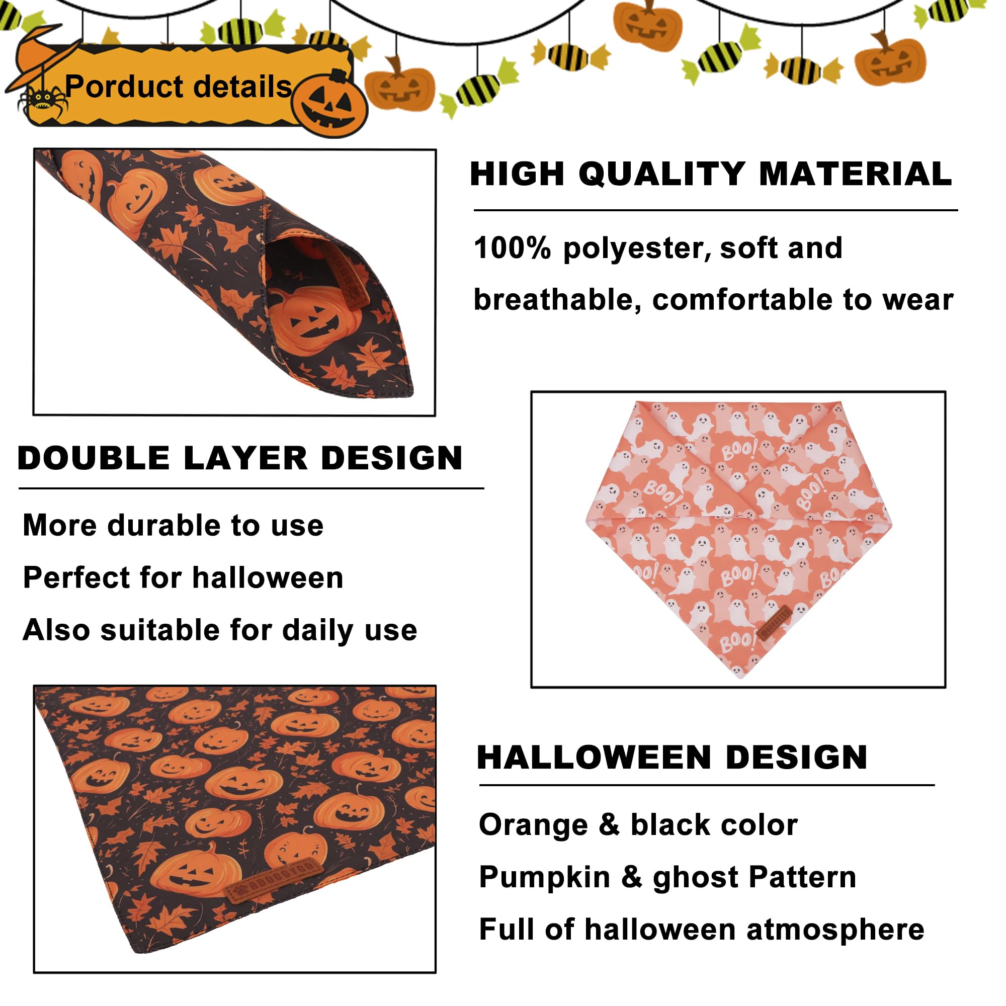 Adoggygo Halloween Dog Bandana, Pumpkin Ghost Pet Scarf, Orange Black Halloween Bandanas For Medium Large Dog (Large)