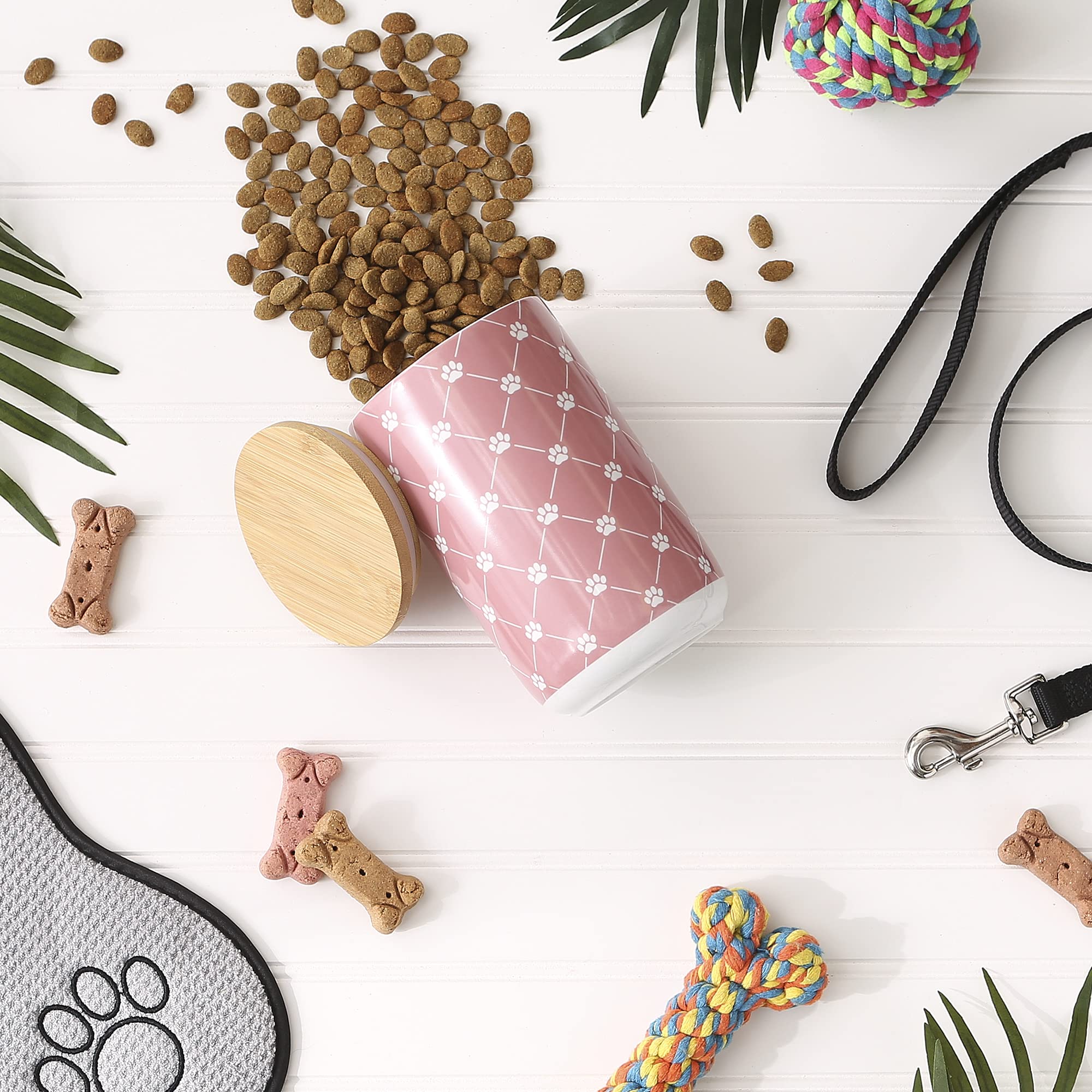 Bone Dry Trellis Paw Print Pet Treat Canister with Bamboo Lid Dog & Cat Treat Jar for Countertop Storage, Keep Training Bones &