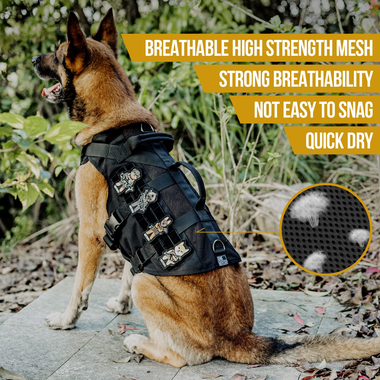 OneTigris No Pull Tactical Dog Harness for Medium Dog, Aire Mesh Dog Vest Harness, Breathable Military Dogs Molle Vests with Han