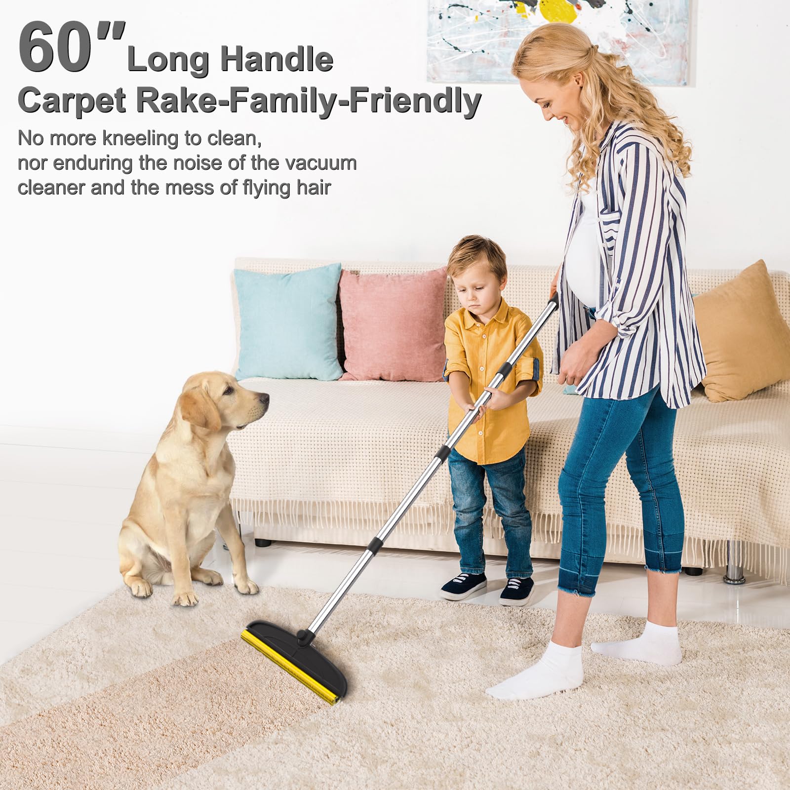 Carpet Rake For Dog Hair Remover: 2 In 1 Reusable Pet Hair Remover - 60 Adjustable Long Handle Carpet Hair Removal Tool For Dog