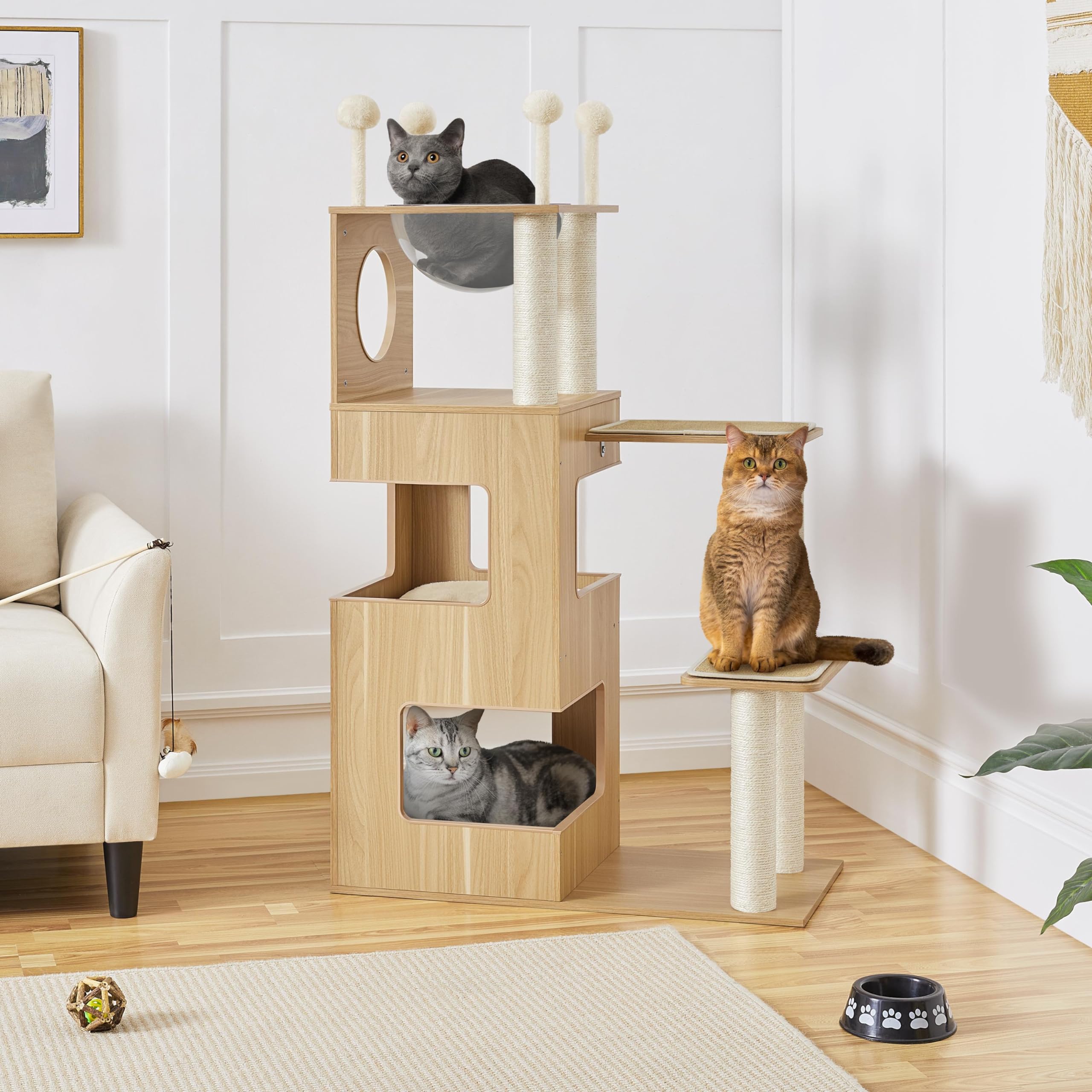 Yaheetech 53in Modern Wooden Cat Tree with Transparent Bowl Condo, Spring Balls & Fully Wrapped Sisal Scratching Posts - Large W