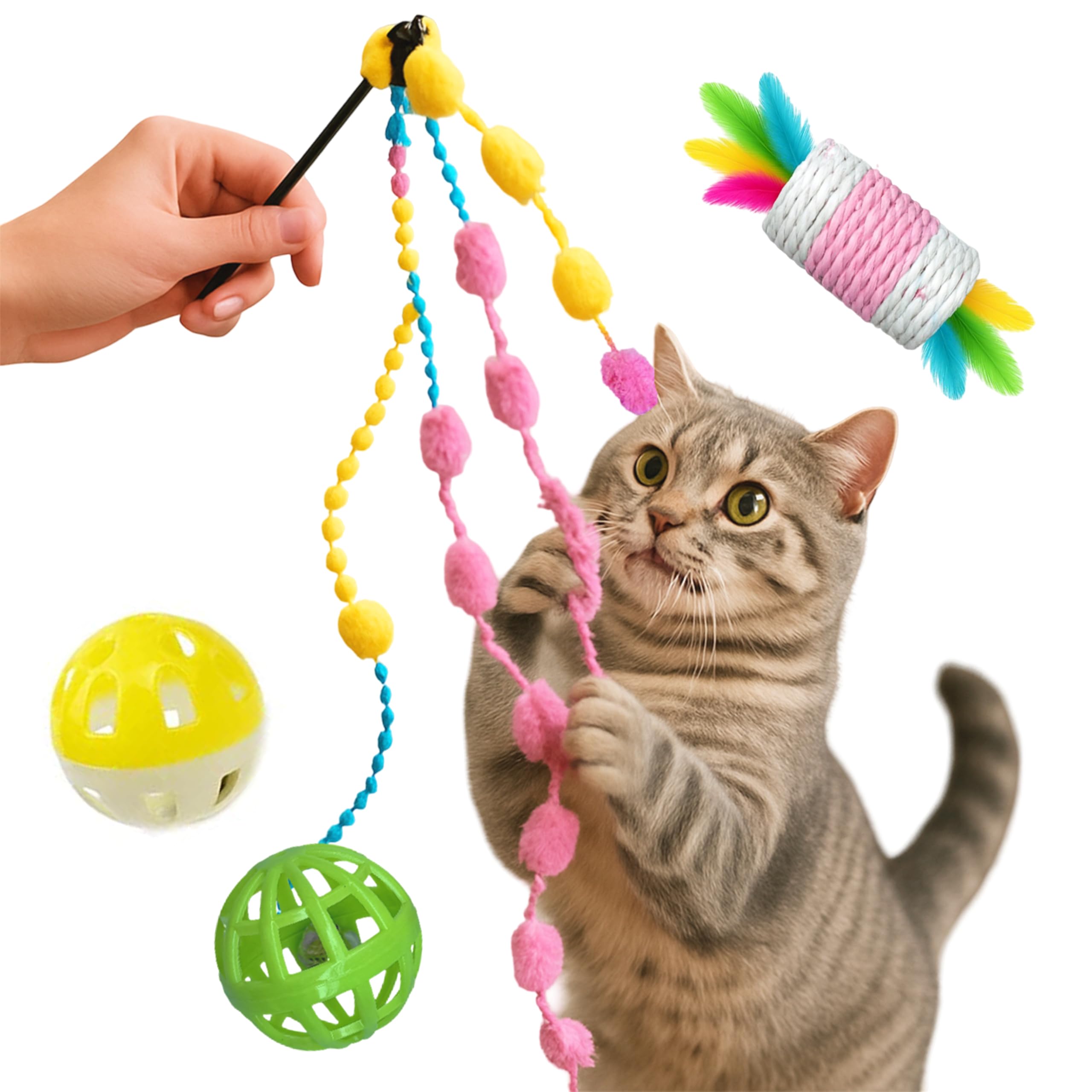 Petpals Interactive Cat Toys Pack Of 4  Cat Wand Toy With Pom Pom Balls, Sisal Drum With Feathers, 2 Musical Ball Toys | Pet To
