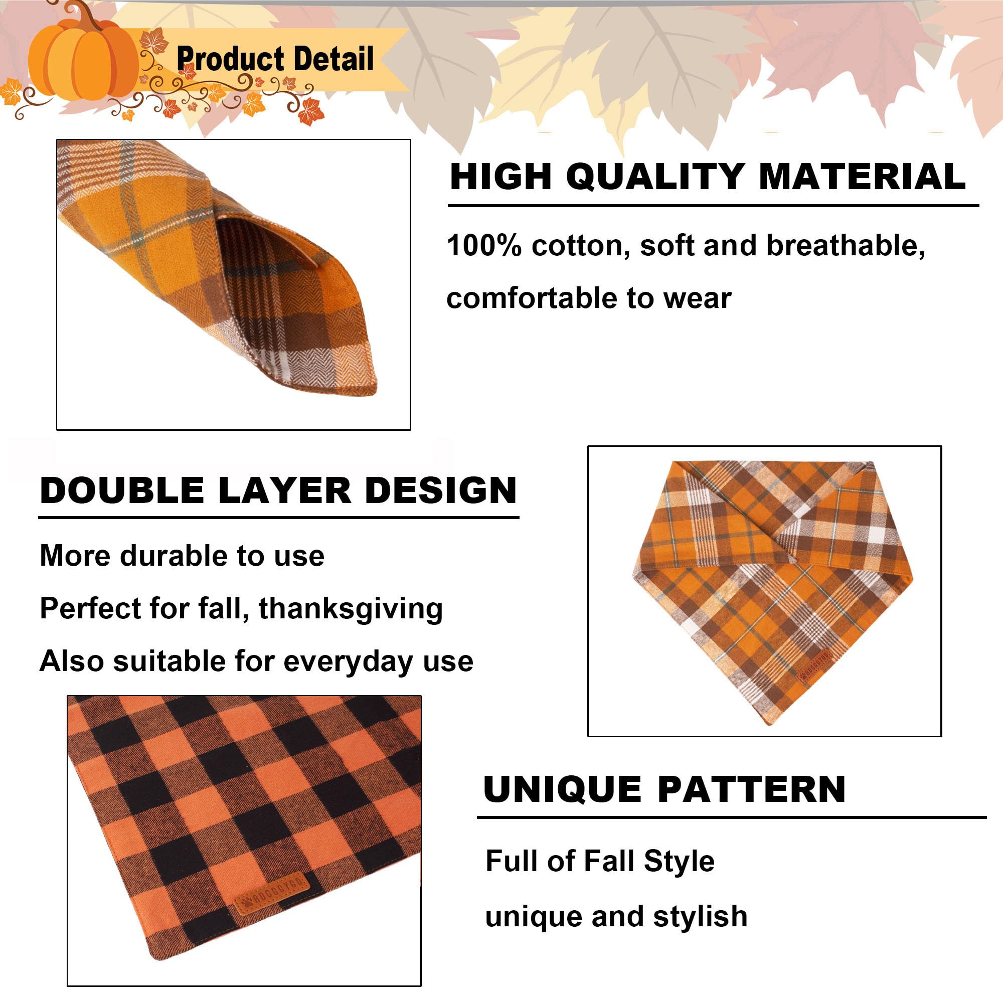 Adoggygo Fall Dog Bandanas 2 Pack, Halloween Thanksgiving Dog Bandana, Orange Plaid Dog Scarf, Multiple Sizes Offered, Holiday Fall Bandana For Large And X-Large Dogs (X-Large, Fall)