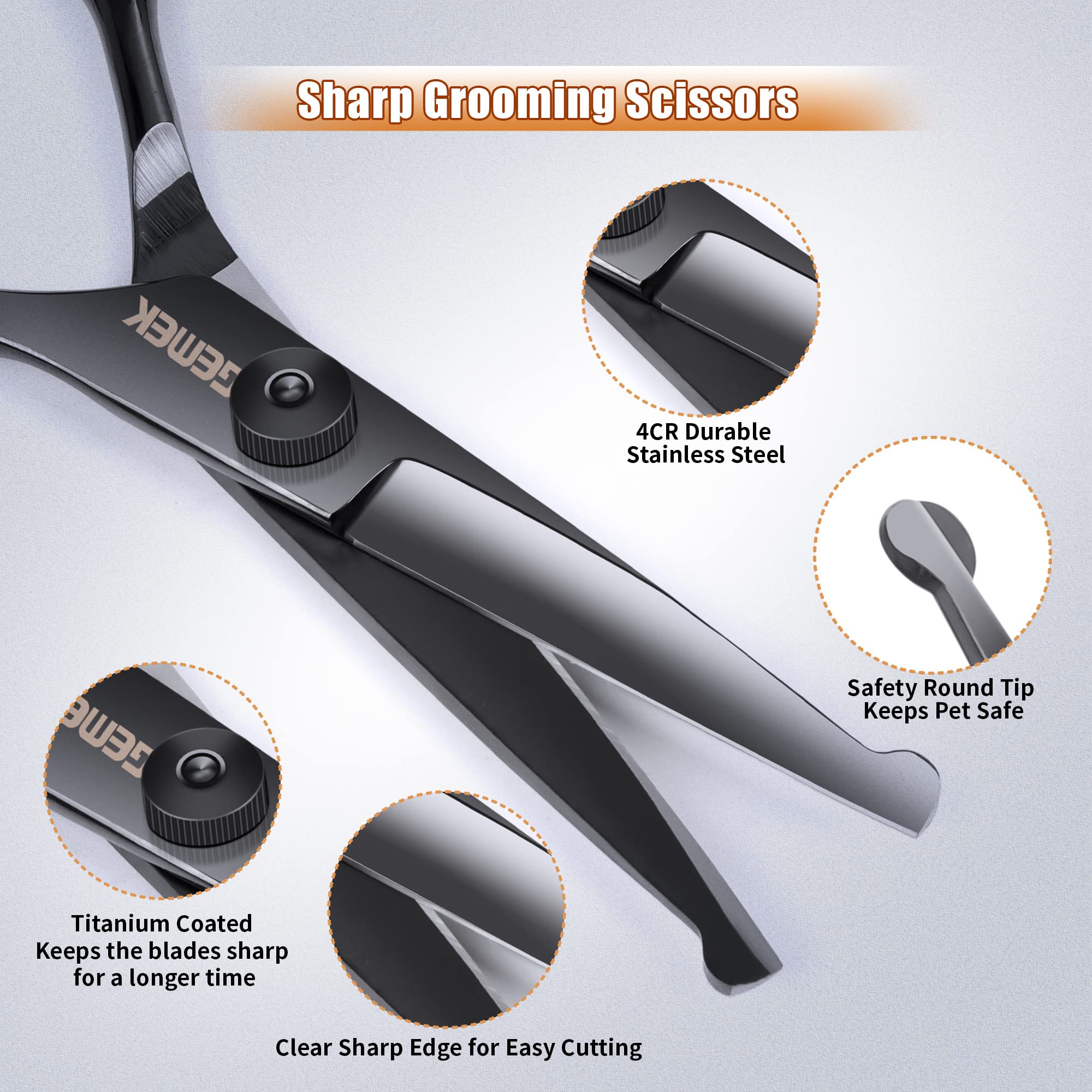 Dog Grooming Scissors Kit with Safety Round Tips, GEMEK Professional 6 in 1 Grooming Scissors for Dogs, Heavy Duty Titanium Coat