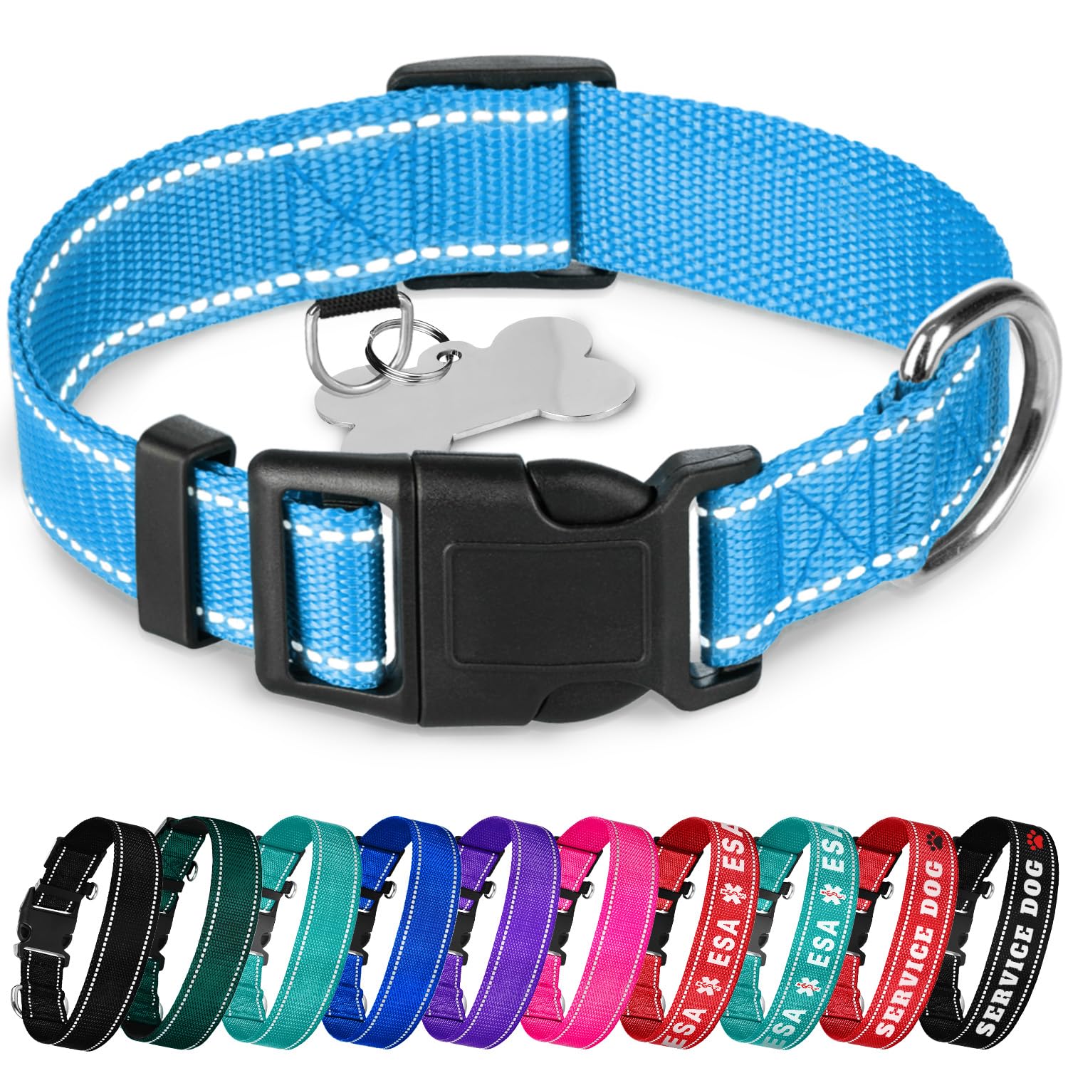 Teceum Reflective Dog Collar - Sky Blue - Xxs - Basic Nylon Pet Collar - Quick Release Buckle - Fits Small, Medium And Large Dog