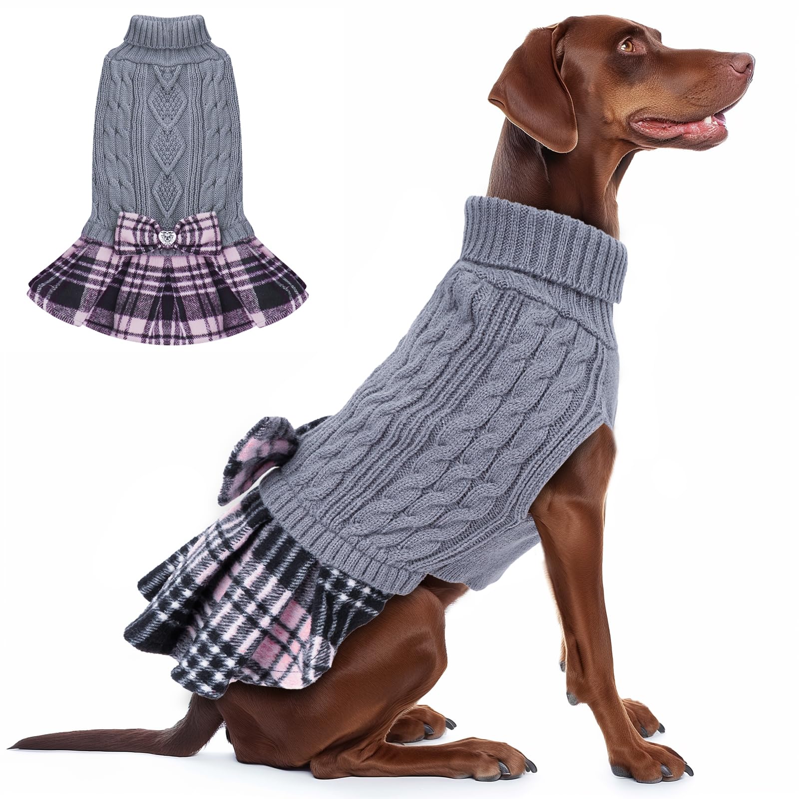 Kyeese Dog Sweaters Dress With Leash Hole For Medium Dogs With Bowtie Turtleneck Dog Knitwear Plaid Pattern Warm Pet Sweater Grey
