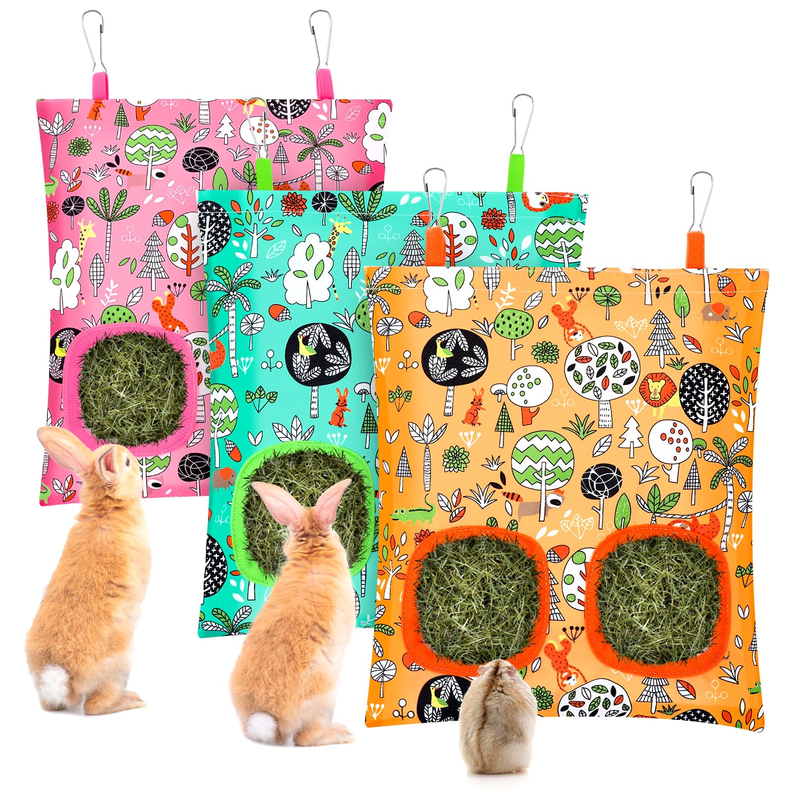 UPINS 3 Hay Bag for Rabbits 2-Hole Hanging Hay Feeder Guinea Pig Hay Bags, Hay Feeder for Chinchillas Rabbits Hamsters Small Pet