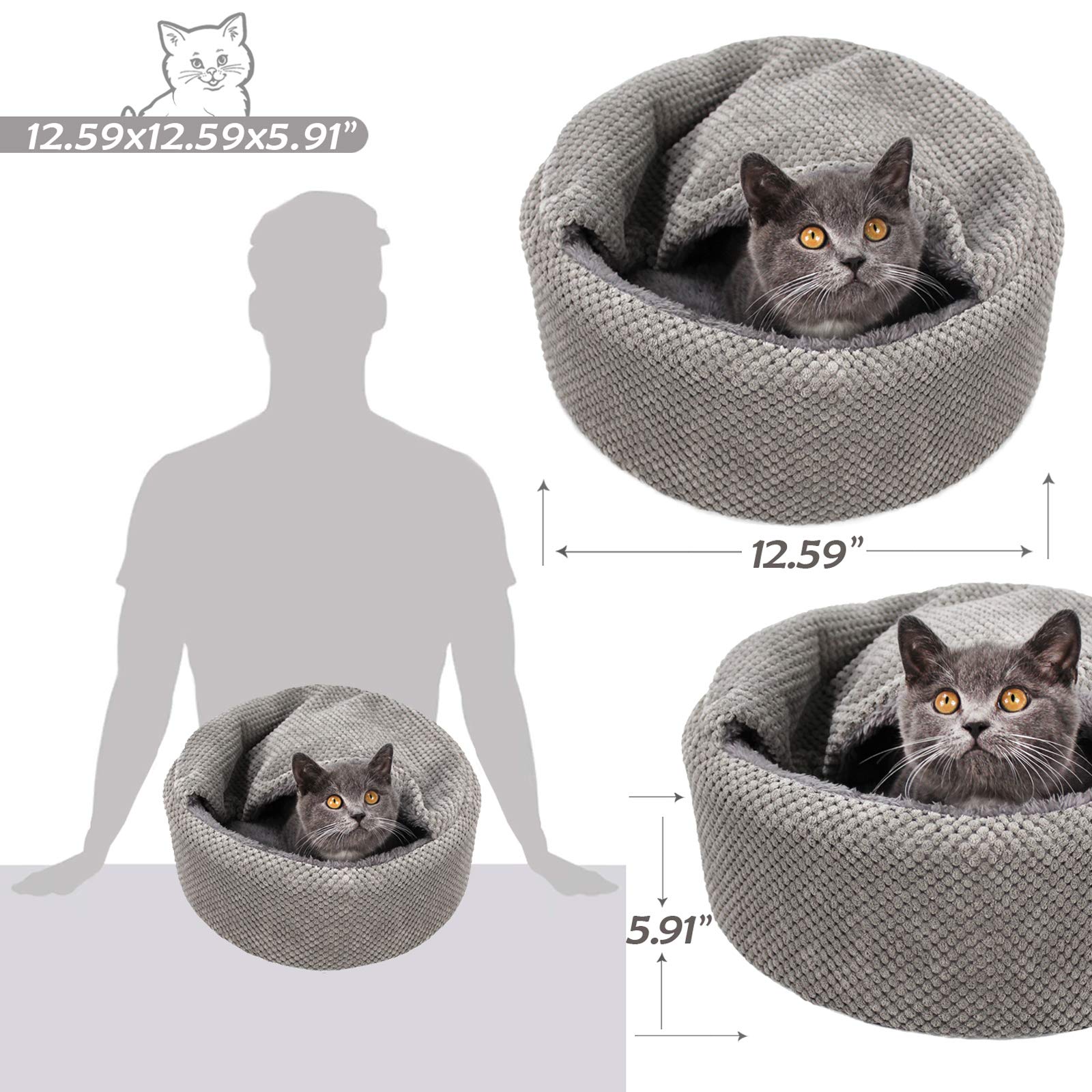 Winsterch Washable Warming Cat Bed House,Round Soft Cat Beds,Calming Pet Sofa Kitten Bed, Small Cat Pet Covered Cat Cave Beds (Gray)