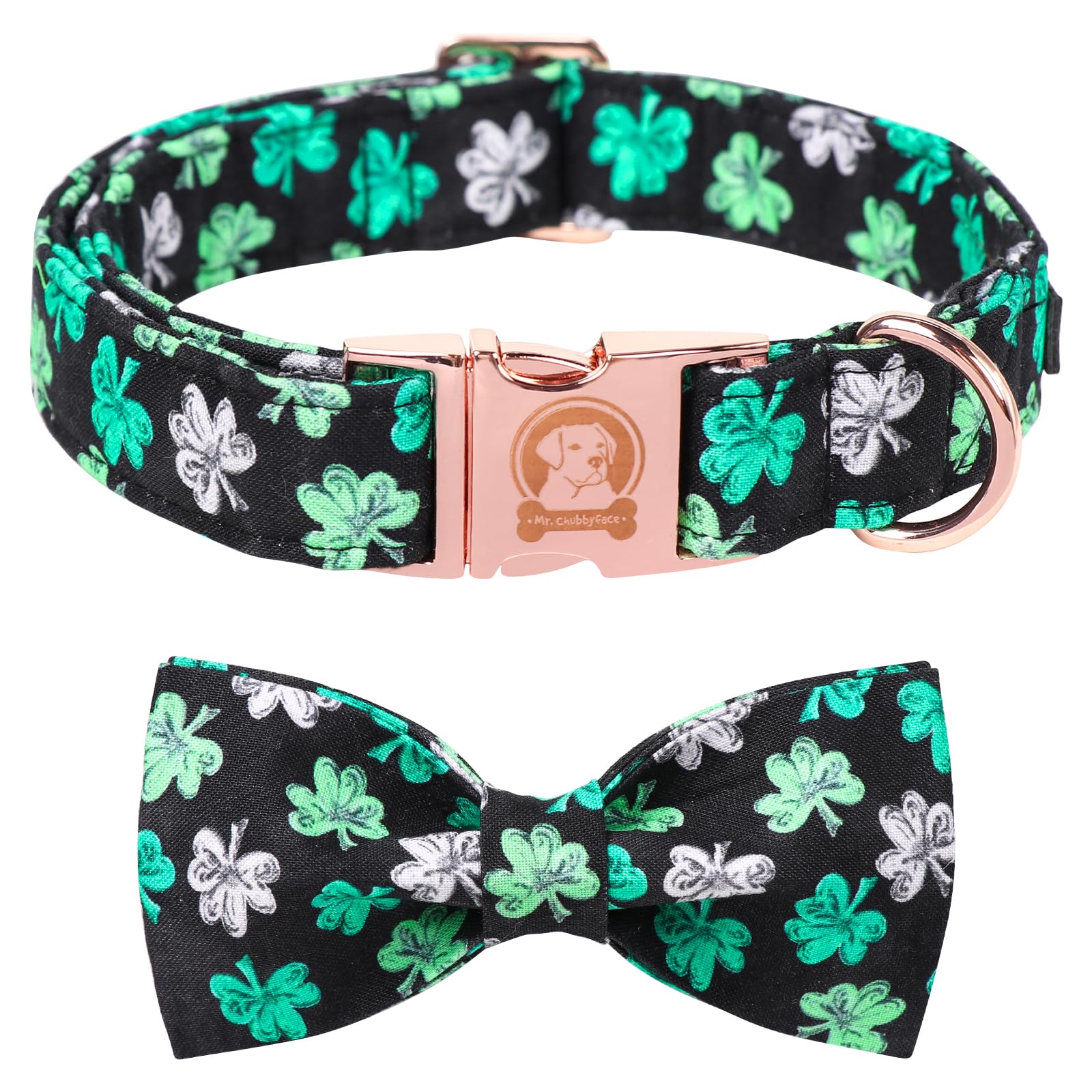 Mr. Chubbyface St.Patrick'S Clover Dog Collar With Bowtie, White Green Clovers Shamrock Dog Collar With Metal Buckle, Soft Adjus