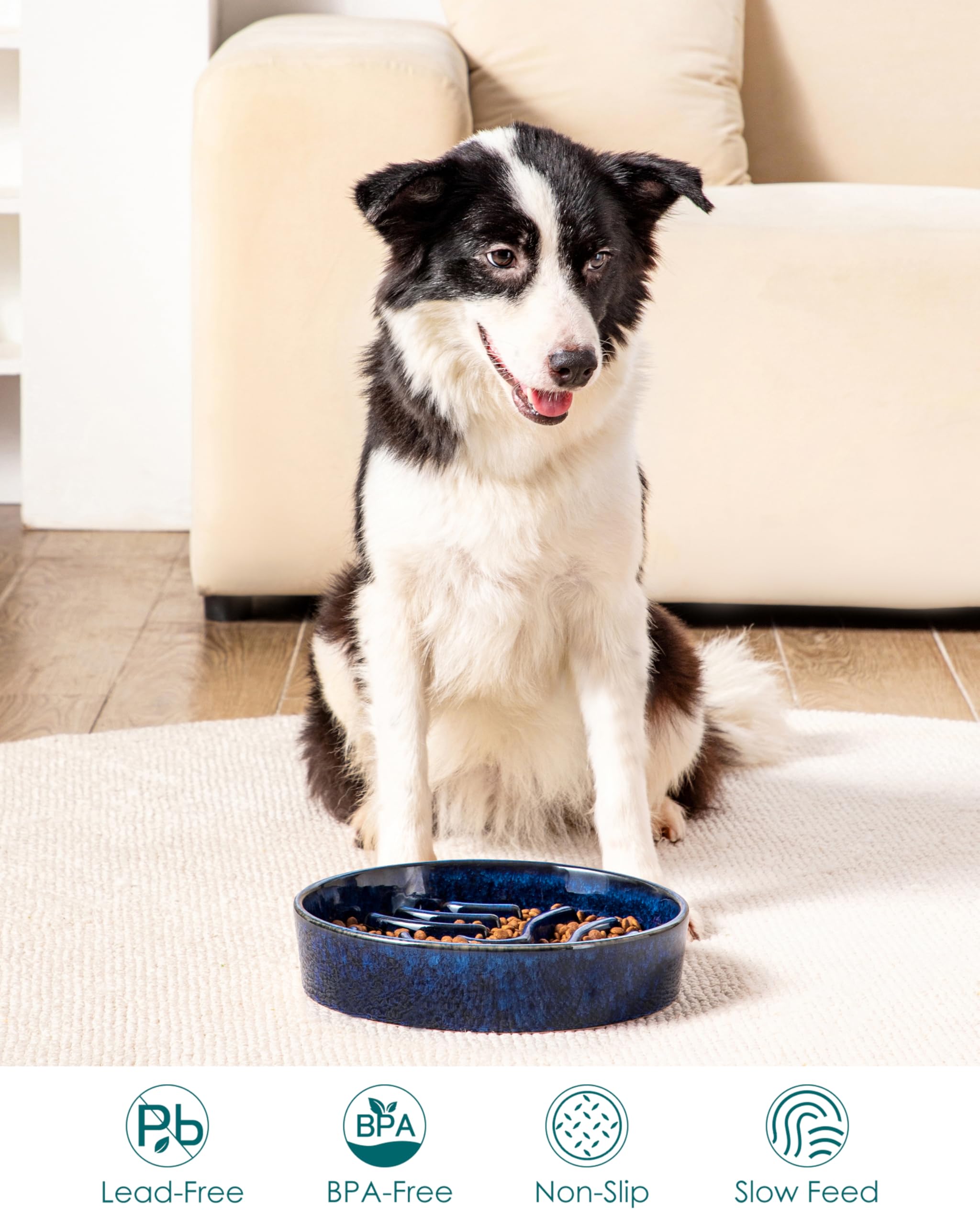 vancasso Slow Feeder Dog Bowl, 3 Cup Ceramic Slow Feeding Food Dish for Large Breed, Puzzle Dog Food Bowl for Fast Eater, Blue