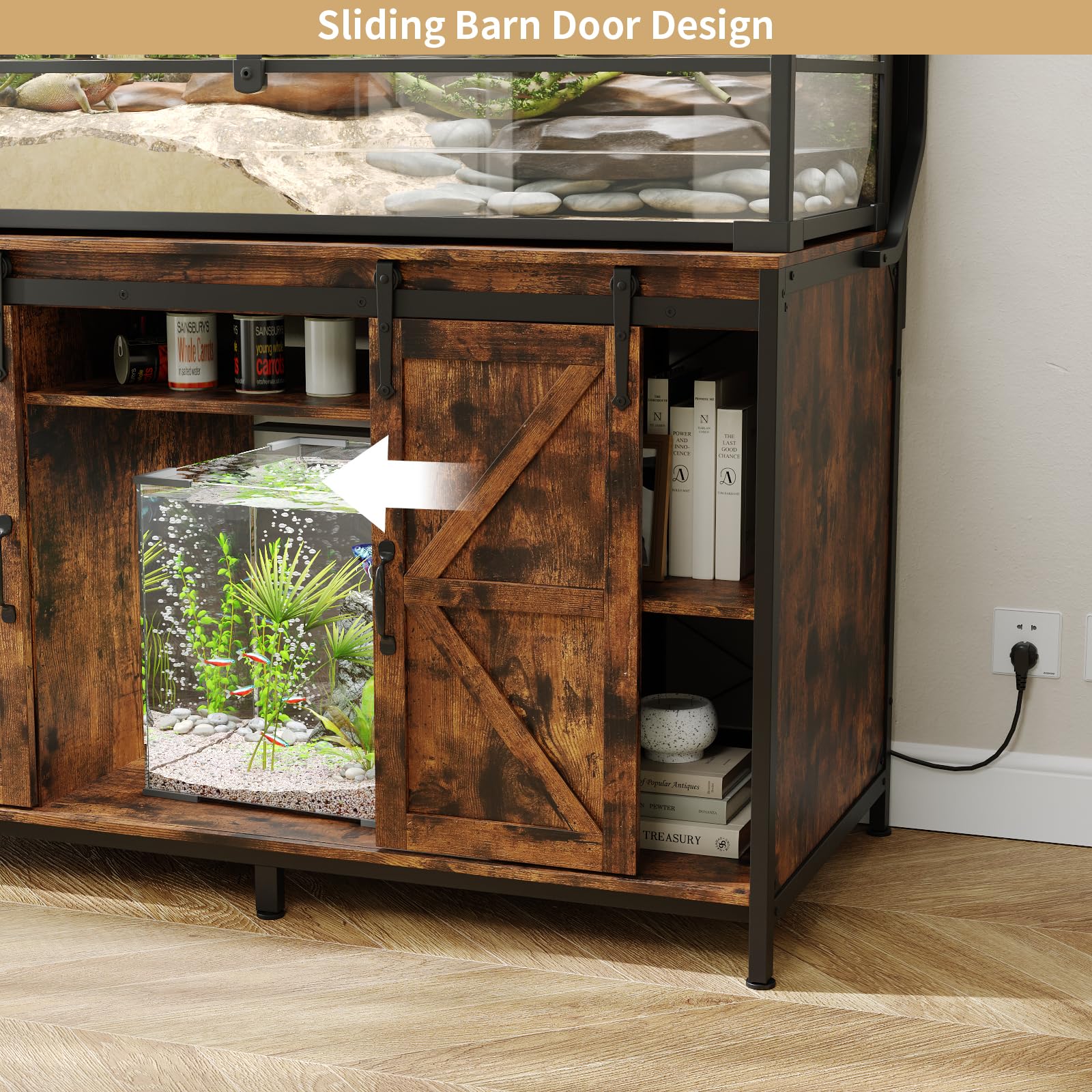 VOWNER Farmhouse Reptile Tank Stand with Power Outlet, 48  X 24  Tabletop Fits up 120 Gallon Bearded Dragon Tank, Heavy Duty Aqu