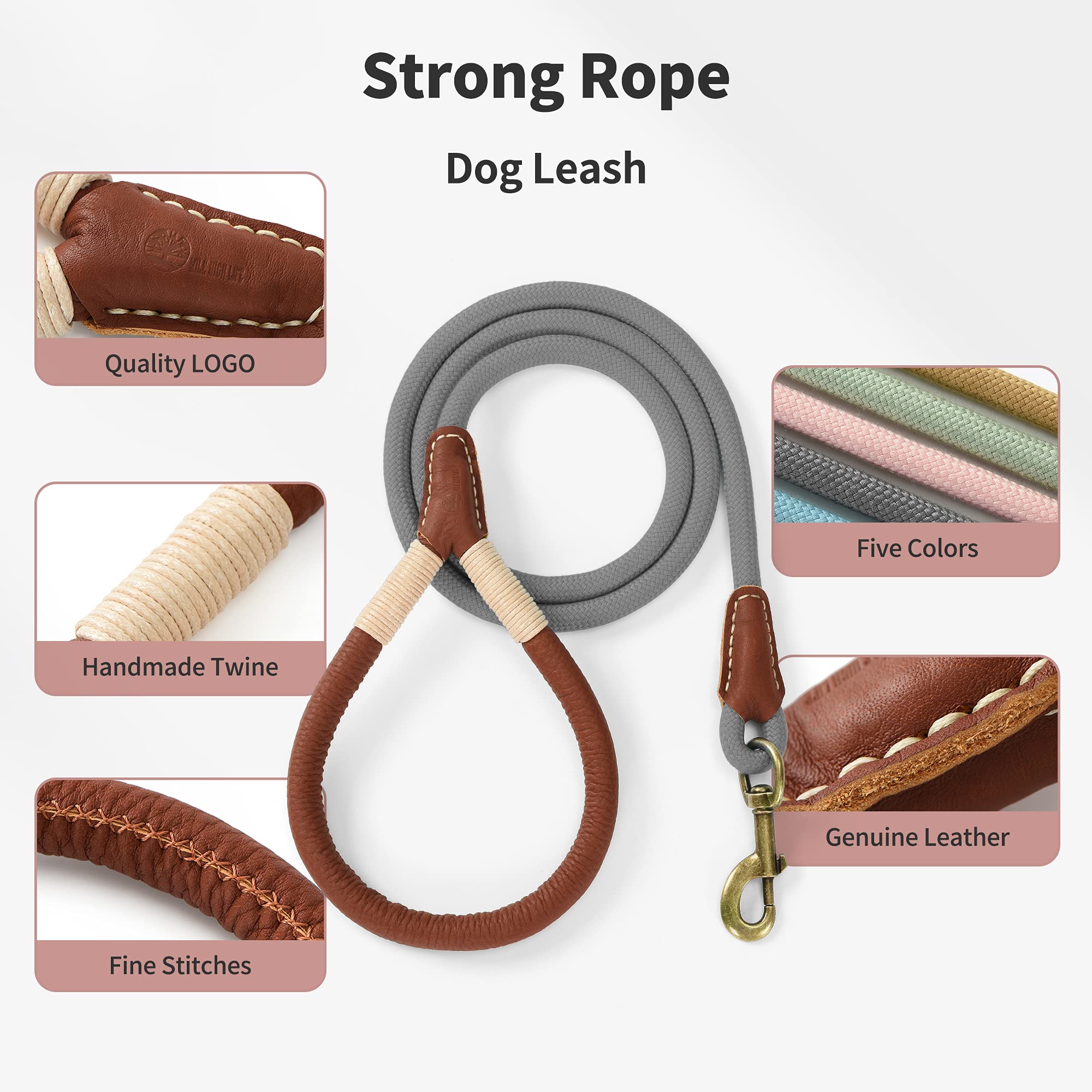 Mile High Life | Premium Leather Dog Leash | Strong Rope Dog Leash | Leather Handle | Heavy Duty Clasp | Small Medium Large Dogs | Diameter 1/2' (Grey, 4 Feet)