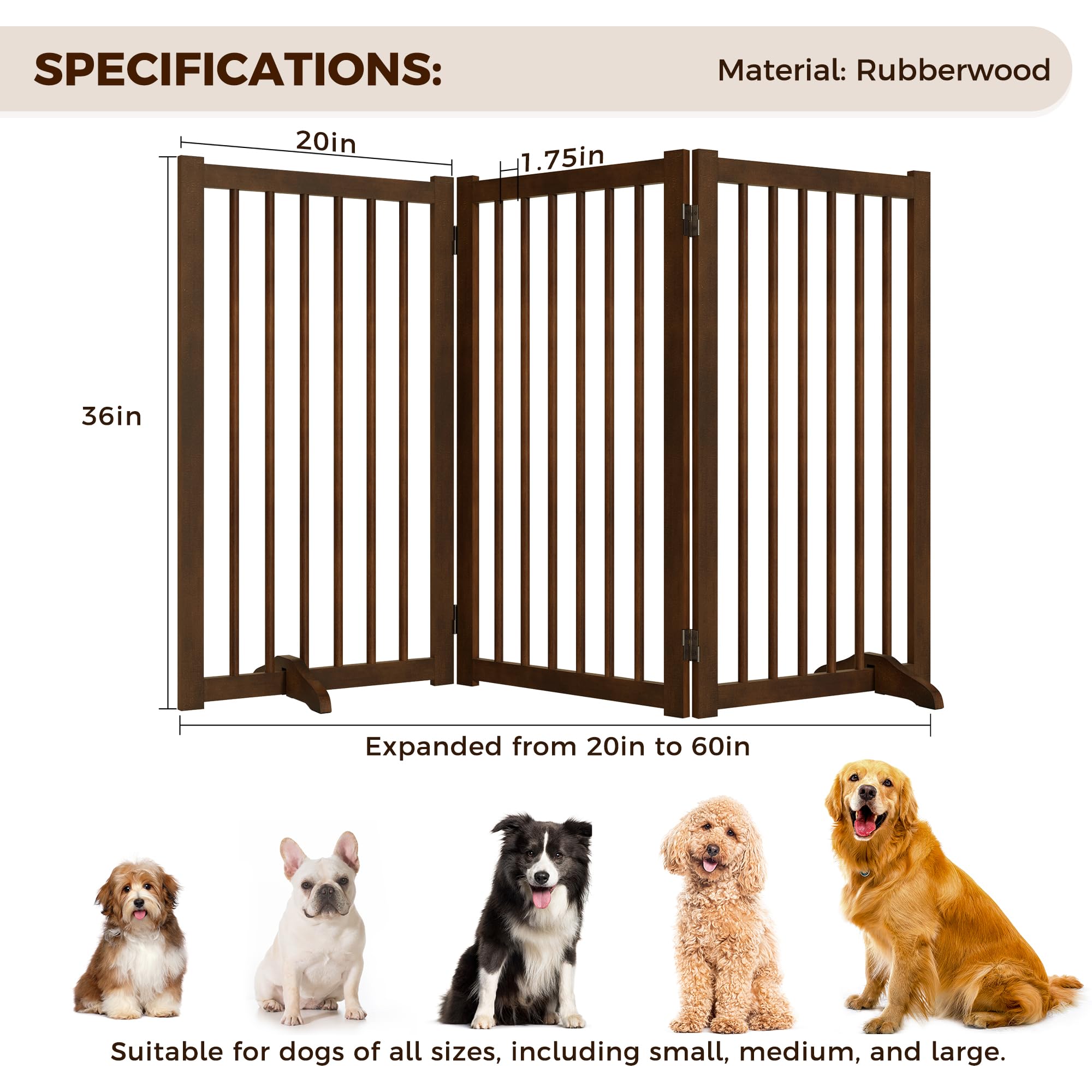 36 H Freestanding Pet Gate, Solid Wood Foldable Dog Gate with Support Feet, Wooden Tall Dog Gate for Doorway, Stairs & Indoor Us