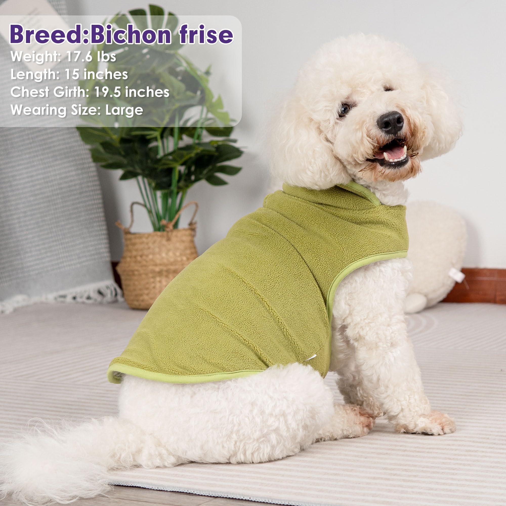 cyeollo Warm Dog Coat Fleece Sherpa Jacket Vest, Large, Green, Soft Reversible, Turtleneck, Leash Hole for Cold Weather