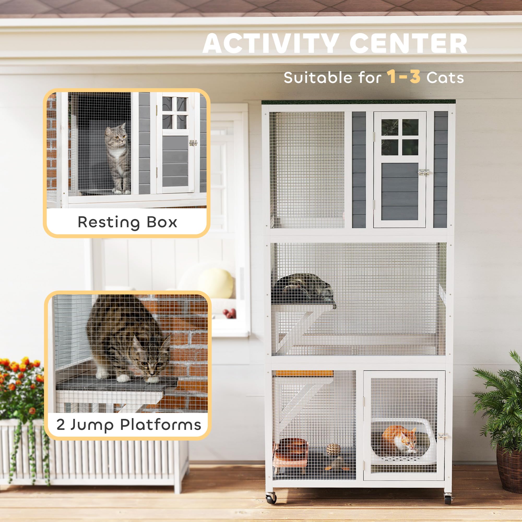 PawHut 74 Wooden Catio Outdoor Cat House Weatherproof & Wheeled, Outside Cat Enclosure with High Weight Capacity, Kitten Cage Co
