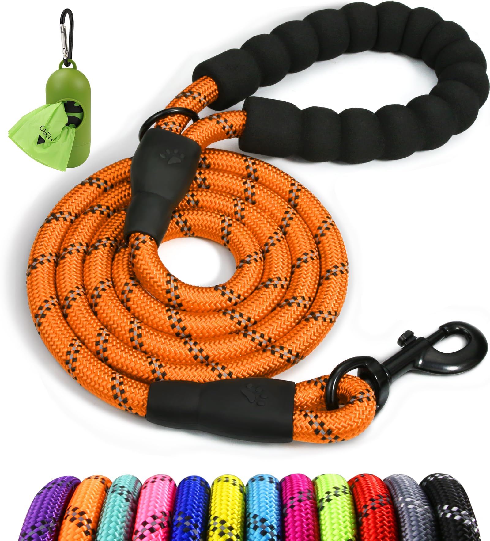 Taglory Rope Dog Leash 6 Ft With Comfortable Padded Handle, Highly Reflective Threads Dog Leash For Large Dogs, 1/2 Inch, Orange