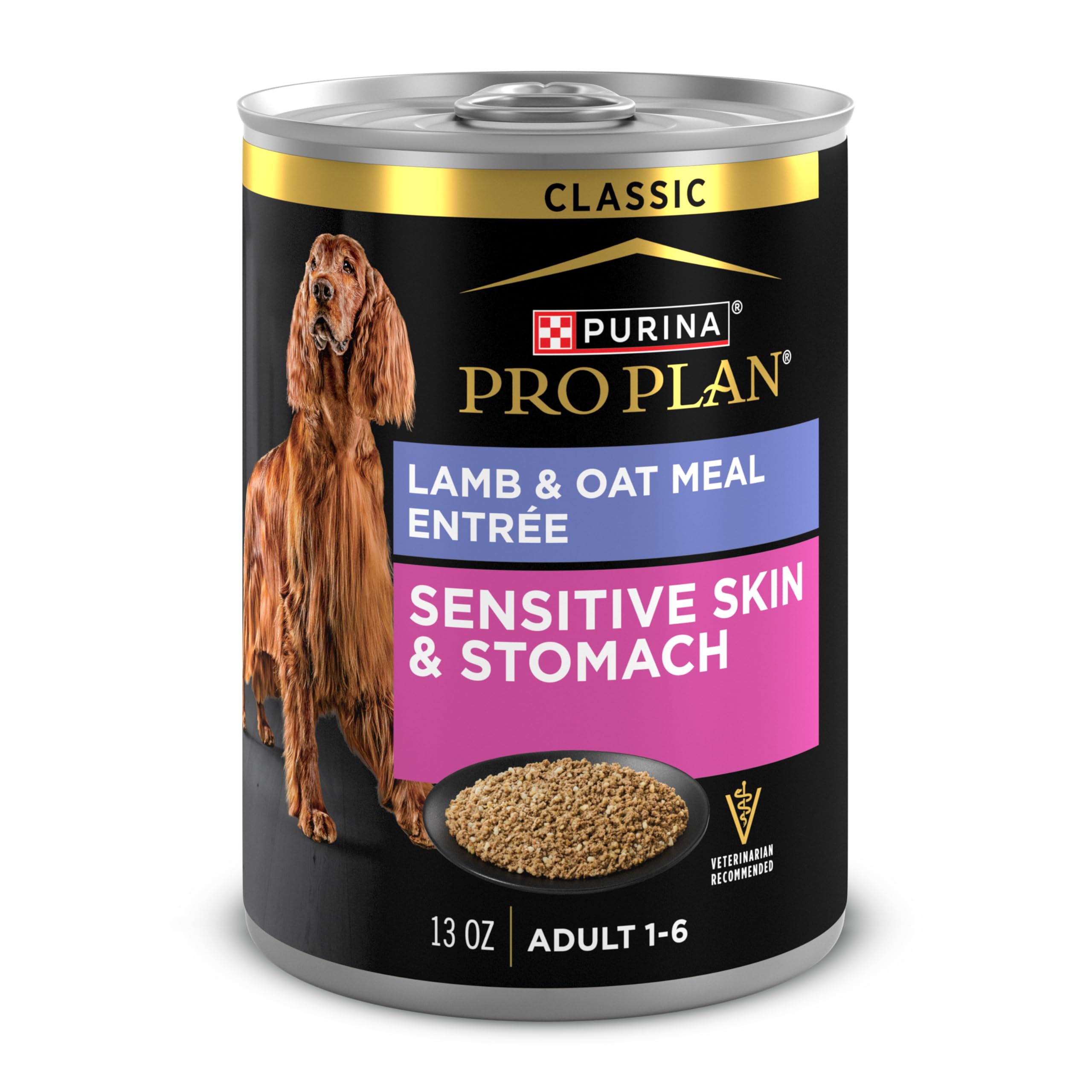 Purina Pro Plan Sensitive Skin and Stomach Dog Food Wet Classic Pate Lamb and Oat Meal Entr  e - (Pack of 12) 13 oz. Cans