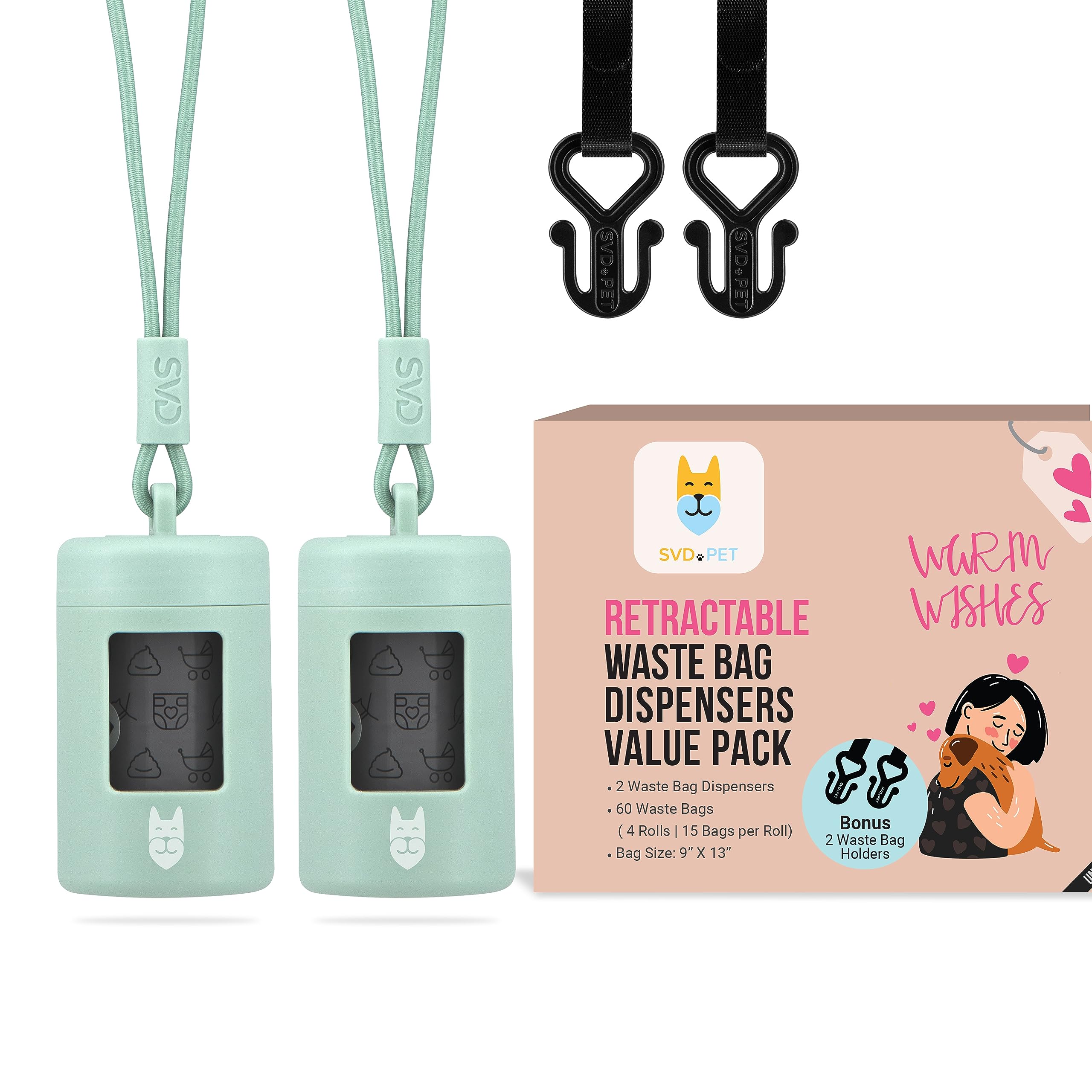 Svd.Pet 2-Pack Retractable Waste Bag Dispensers With 60 Large Waste Bags And 2 Waste Bag Holders, Dog Walking Accessory, Green T