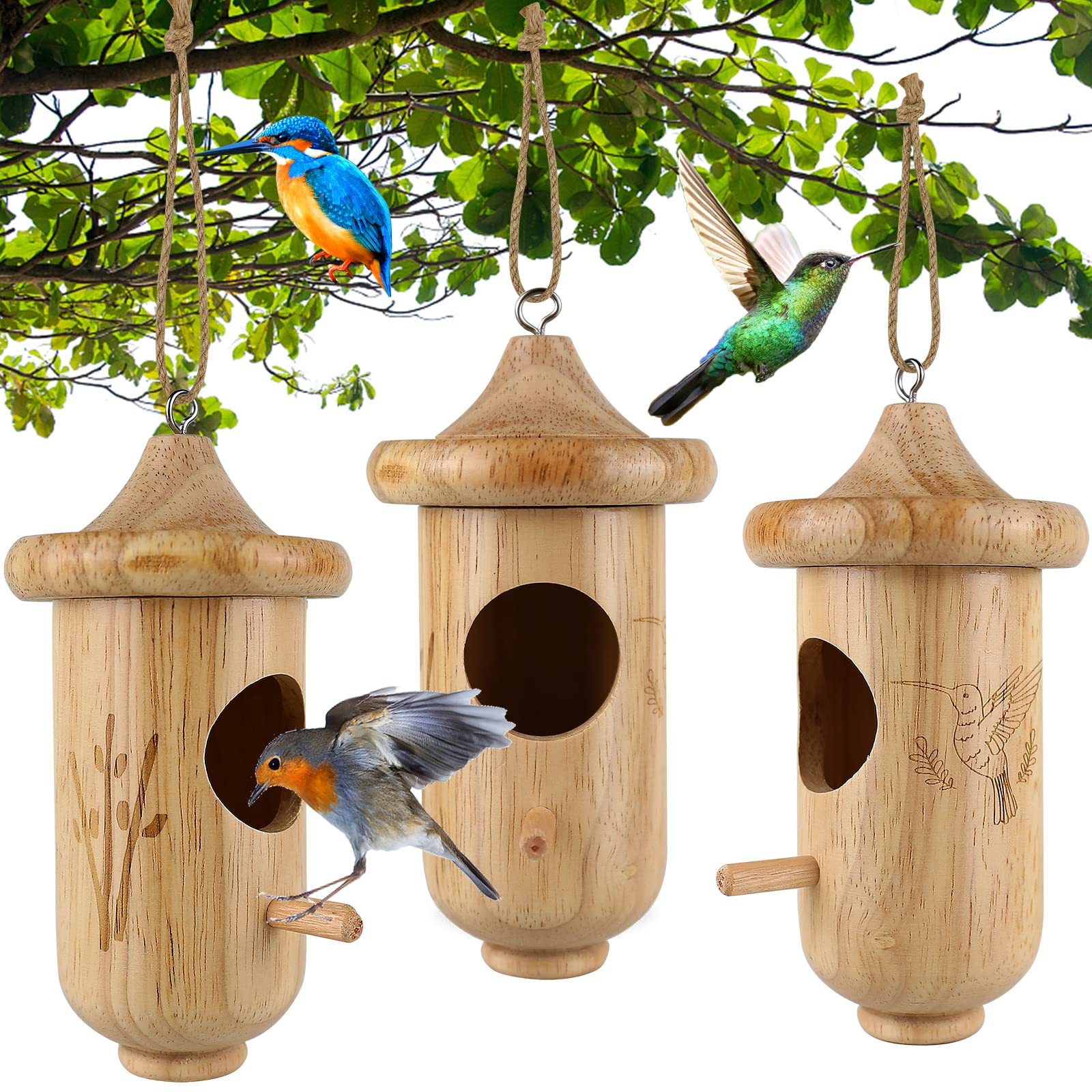 Hummingbird House for Outside Hanging, Wooden Hummingbird Gifts Nest 3 Pack with Hemp Ropes, Gardening Gifts Humming Bird Houses